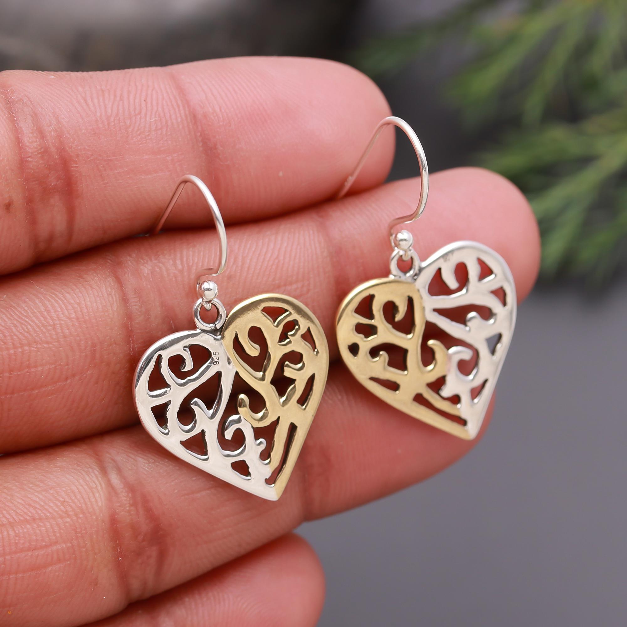 925 Silver Two-Tone Heart Filigree Dangle Earrings