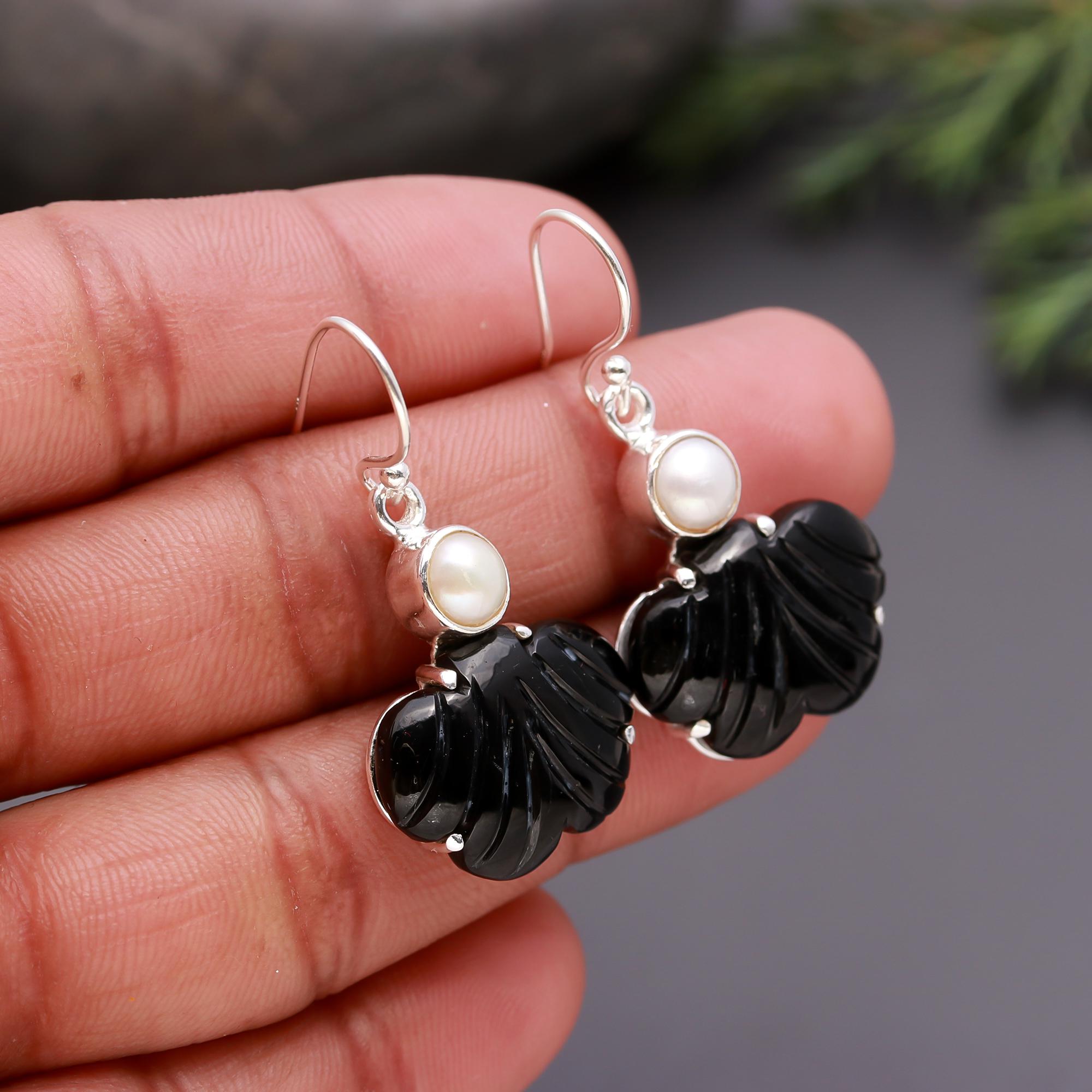 925 Silver Carved Black Onyx and Pearl Dangle Earrings
