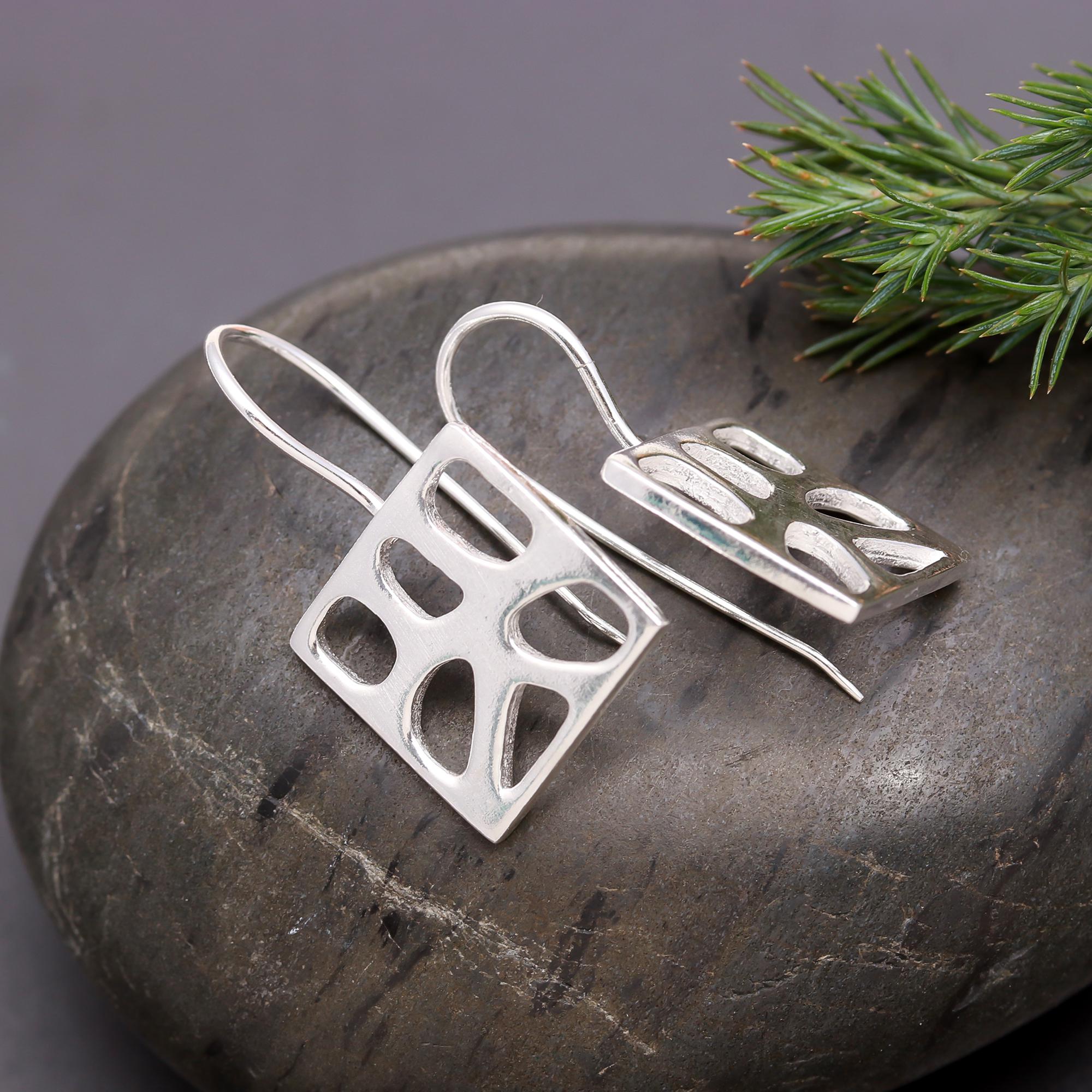 925 Silver Square Cutout Dangle Earrings