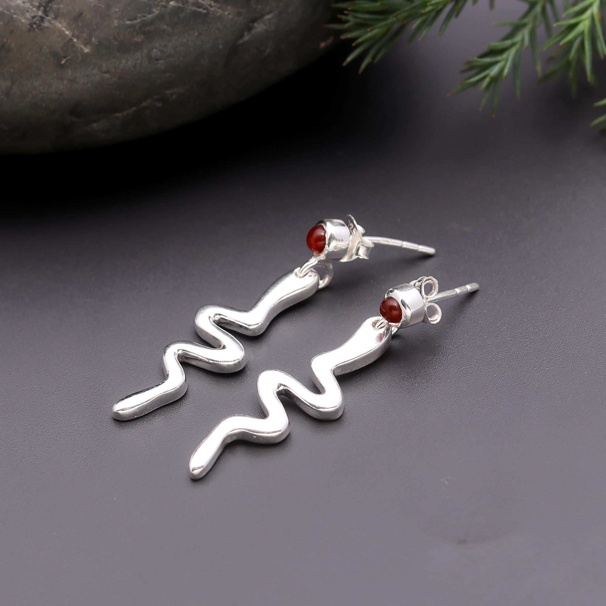 925 Silver Red Carnelian Wavy Drop Earrings