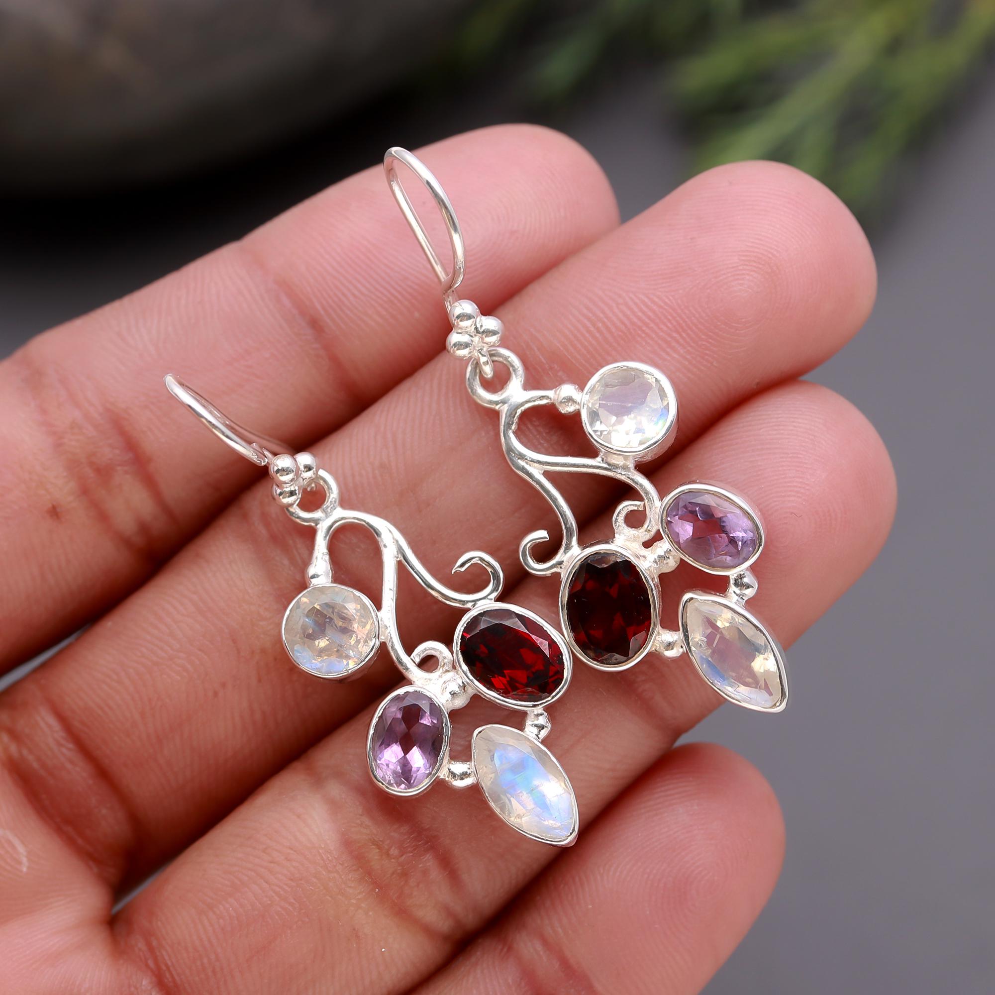 925 Silver Multi-Gemstone Floral Dangle Earrings