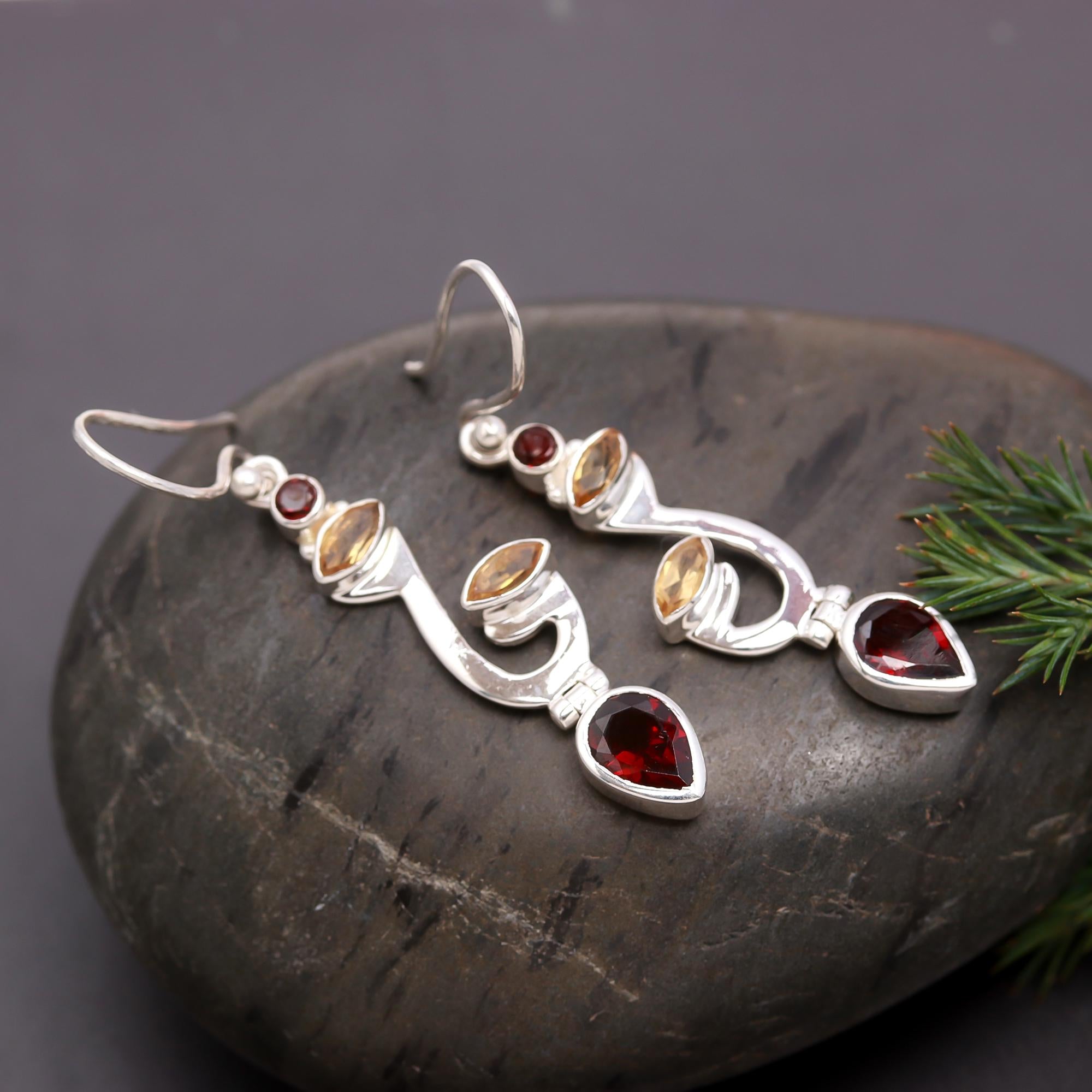 925 Silver Garnet and Citrine Drop Earrings