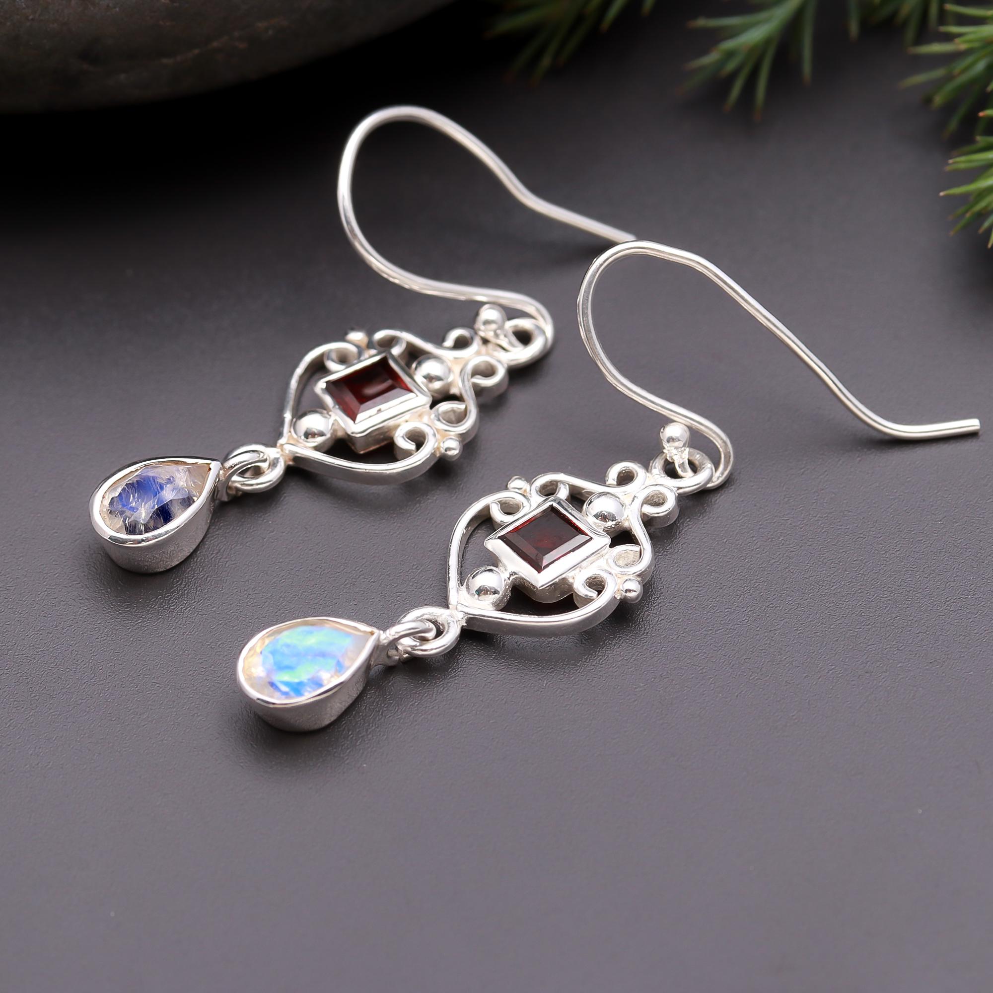 925 Silver Garnet and Moonstone Dangle Earrings