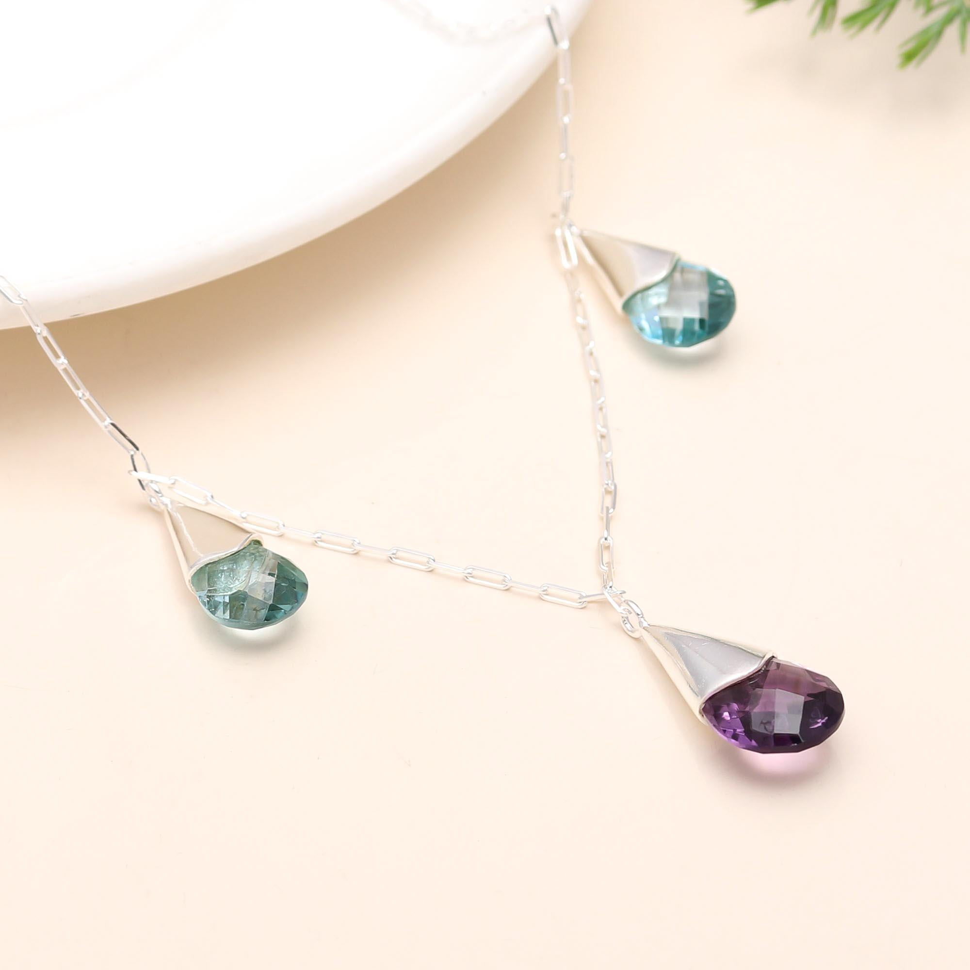 925 Sterling Silver Natural Blue Topaz & Amethyst Paperclip Necklace