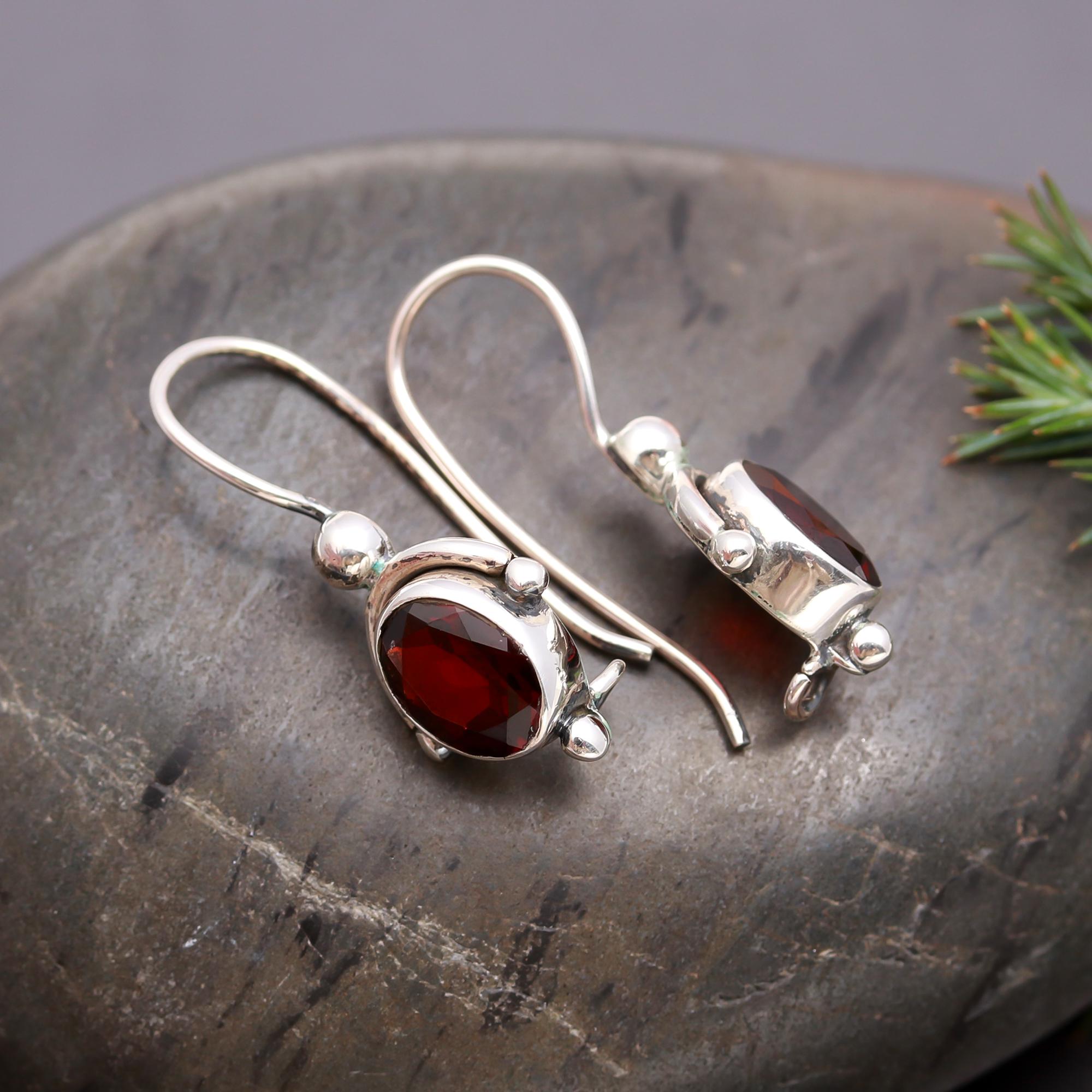 925 Silver Oval Garnet Dangle Earrings