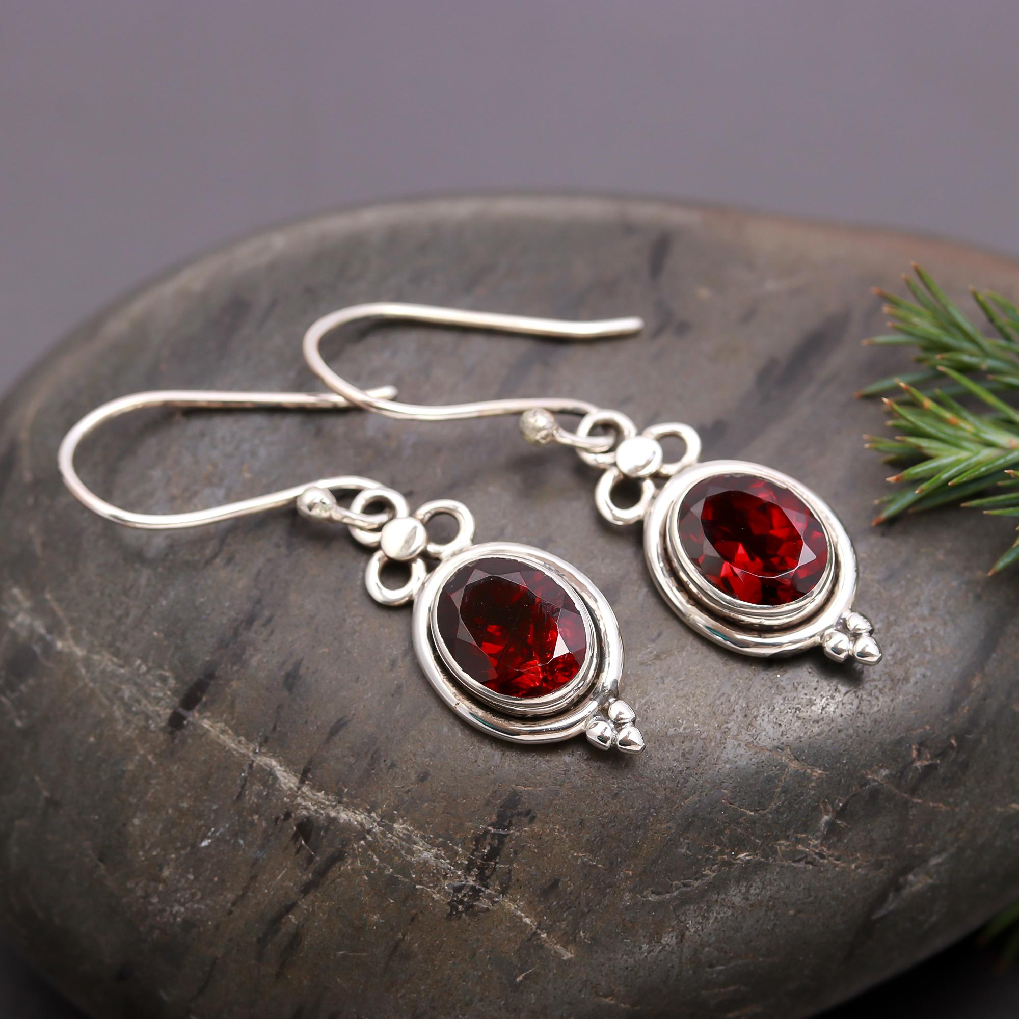925 Silver Oval Garnet Dangle Earrings