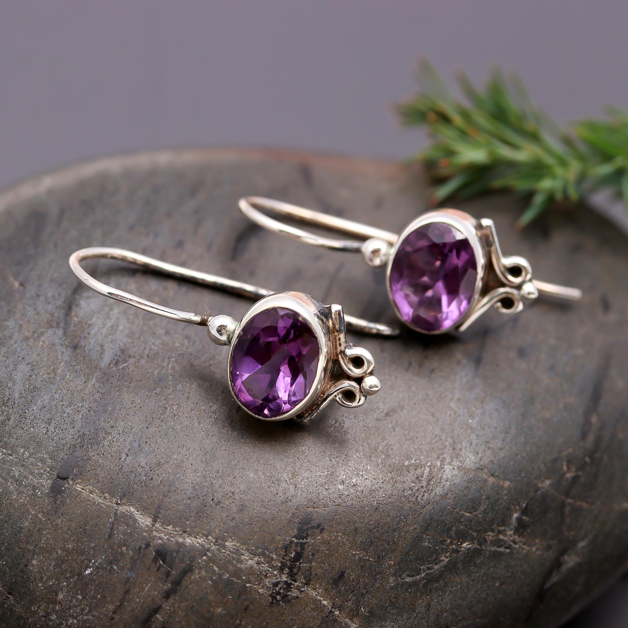 925 Silver Oval Amethyst Dangle Earrings