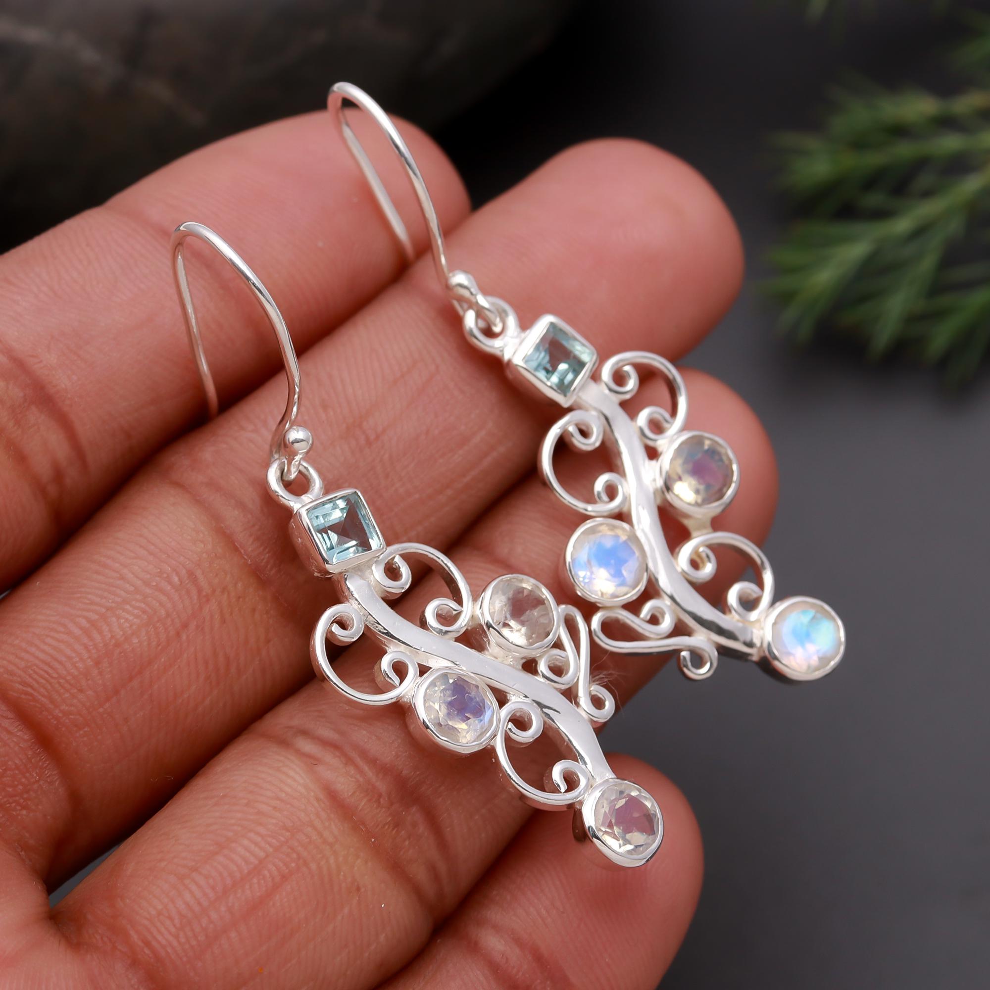 925 Silver Gemstone Filigree Dangle Earrings