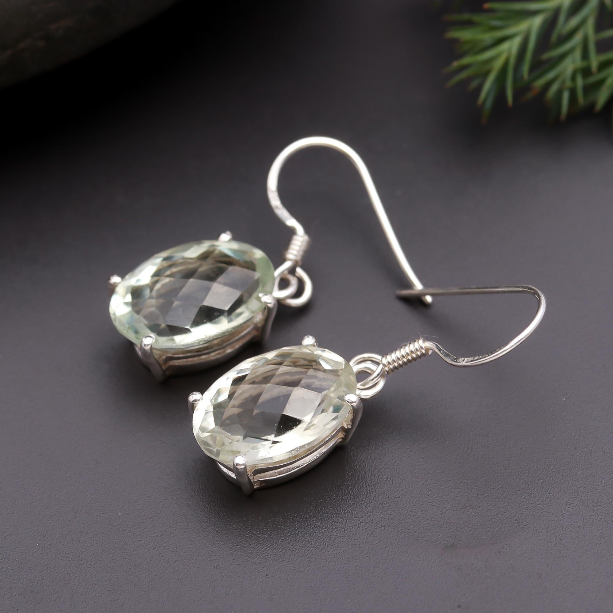 925 Silver Green Amethyst Dangle Earrings