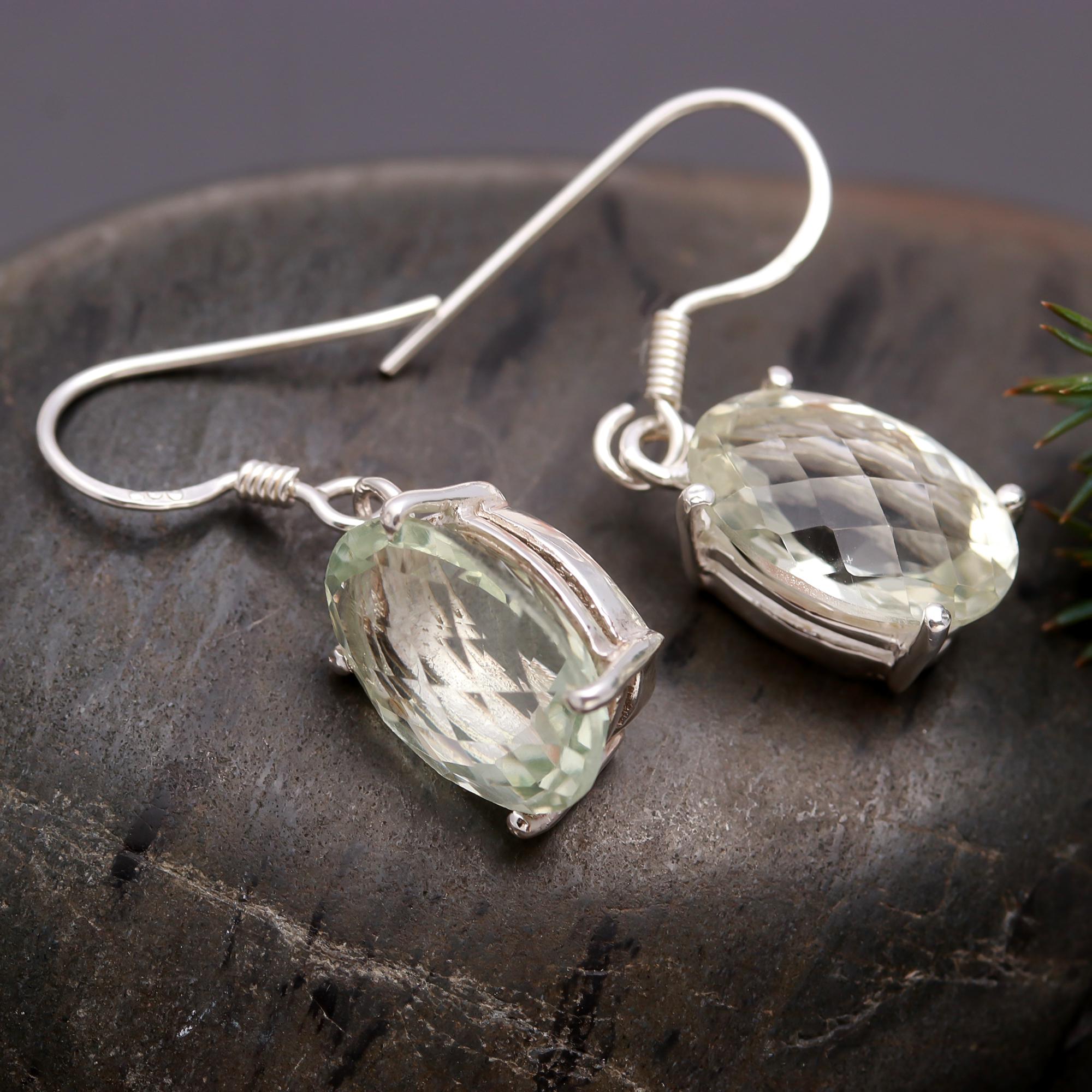 925 Silver Green Amethyst Dangle Earrings