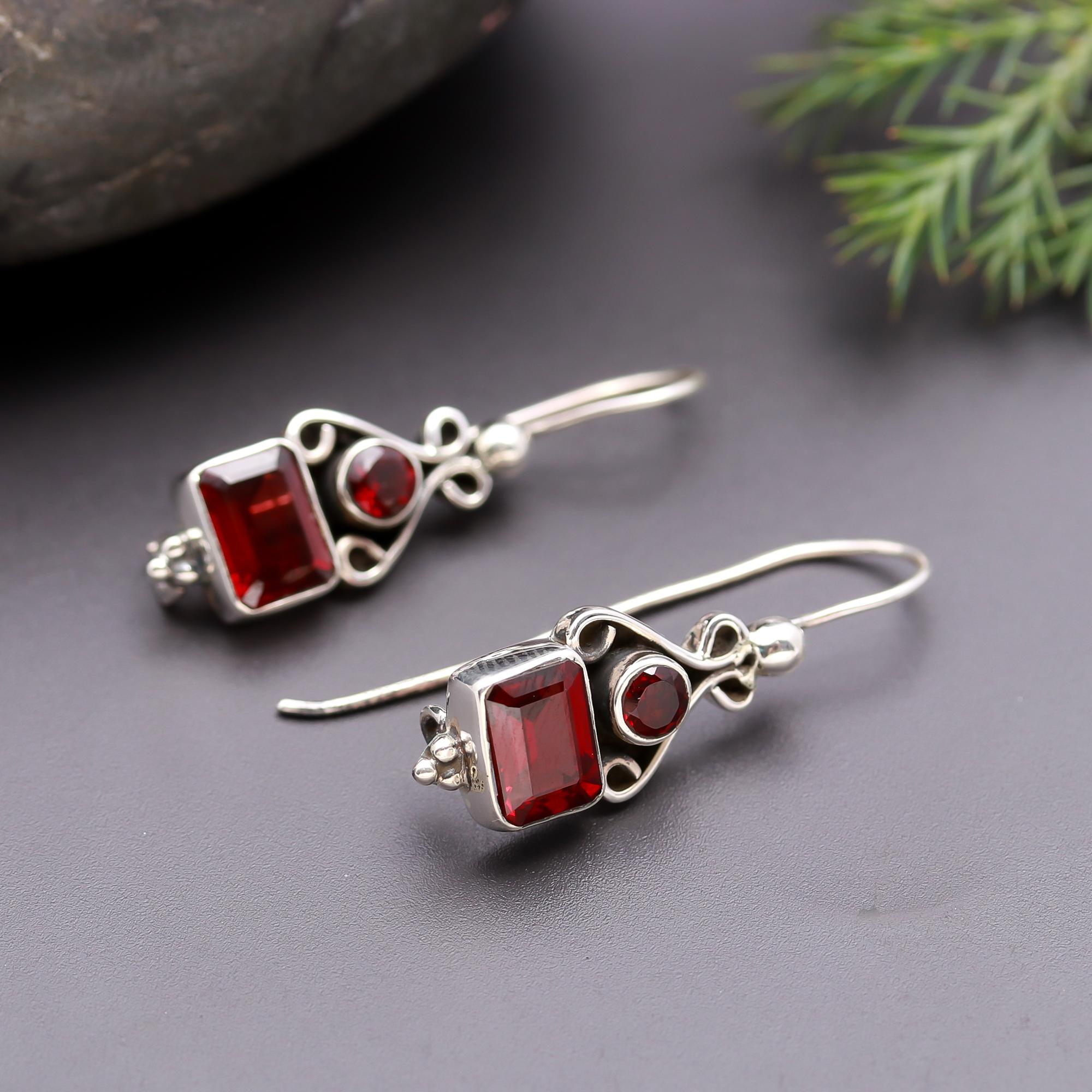 925 Silver Garnet Dangle Earrings