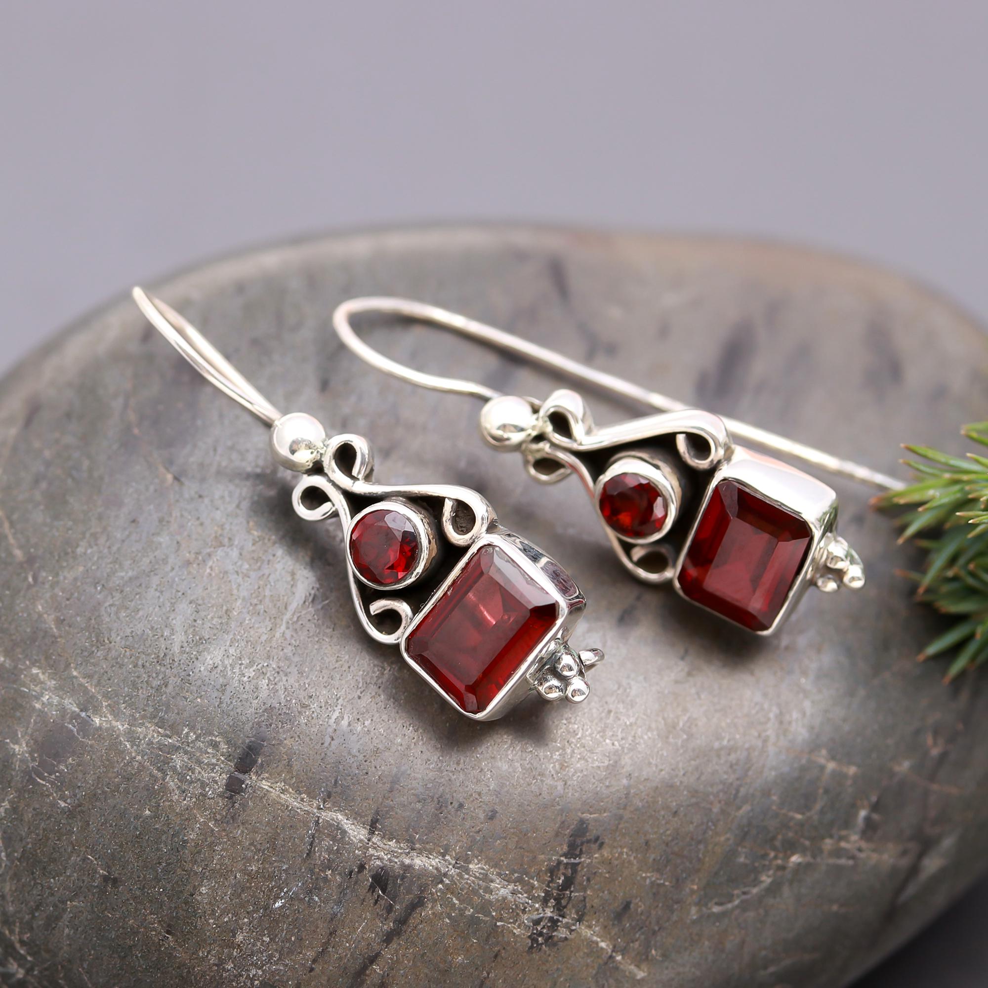 925 Silver Garnet Dangle Earrings