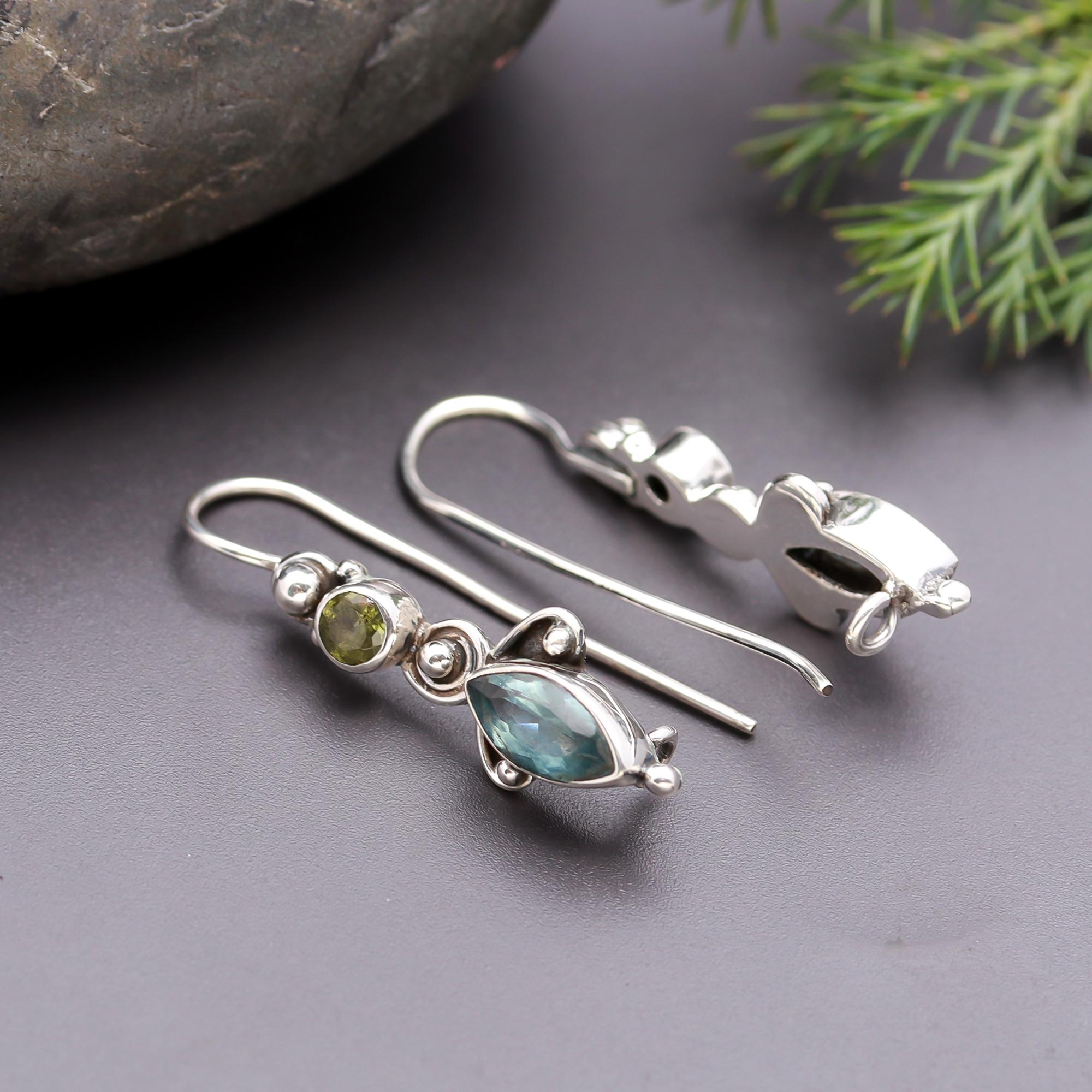925 Silver Peridot and Blue Topaz Dangle Earrings