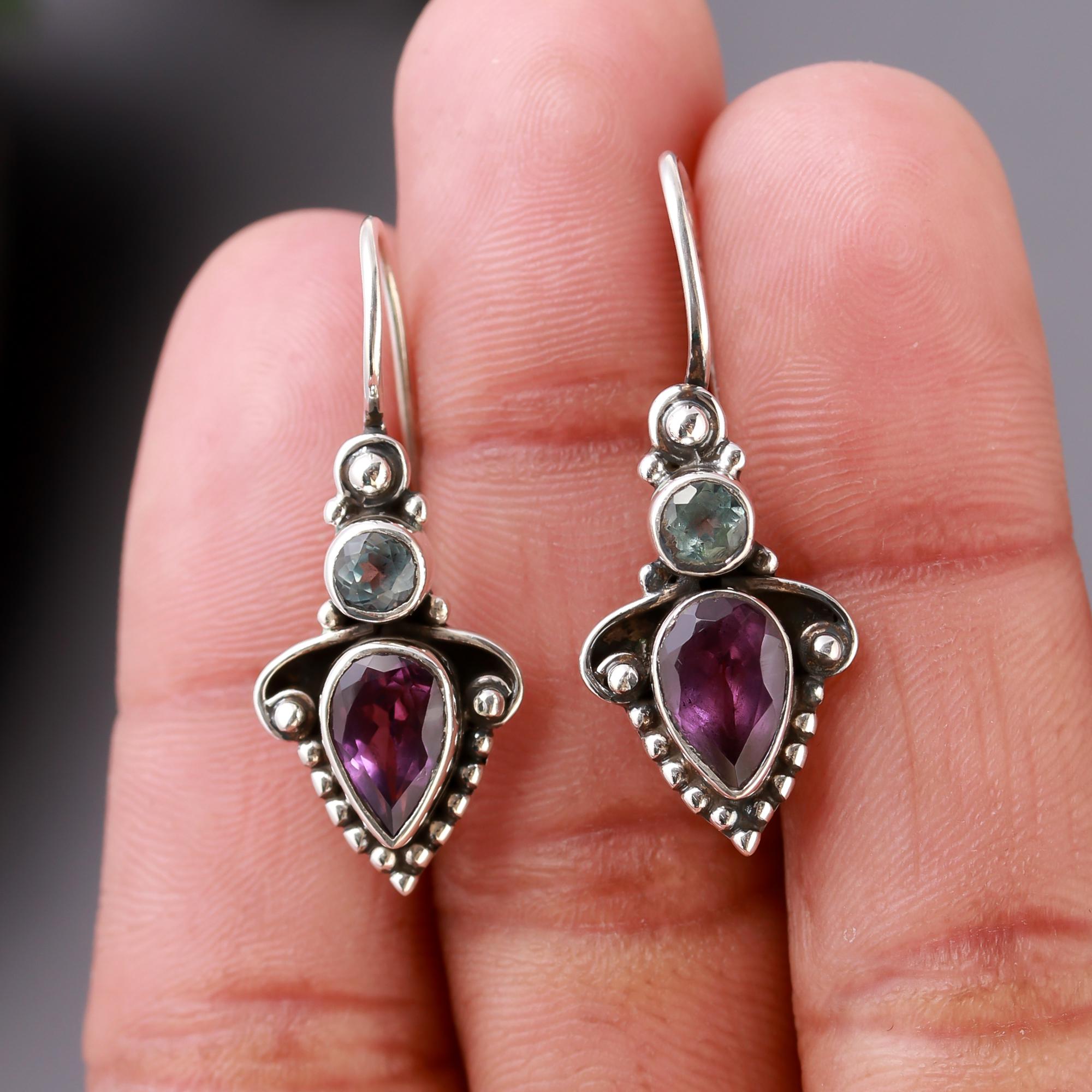 925 Silver Amethyst and Aquamarine Dangle Earrings