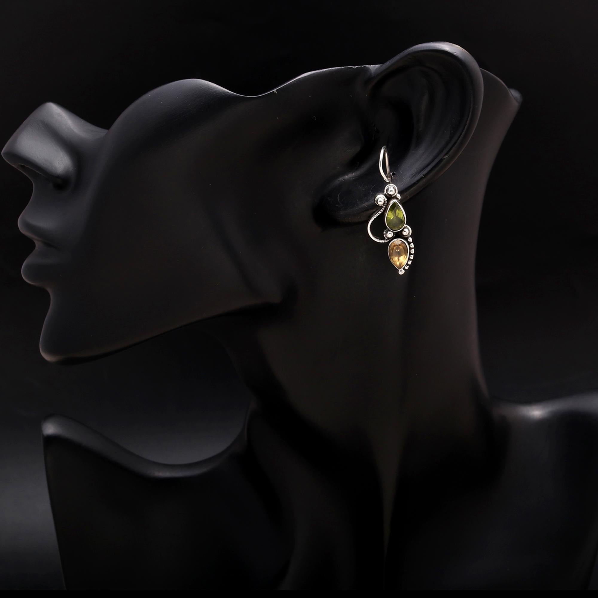 925 Silver Peridot and Citrine Teardrop Dangle Earrings