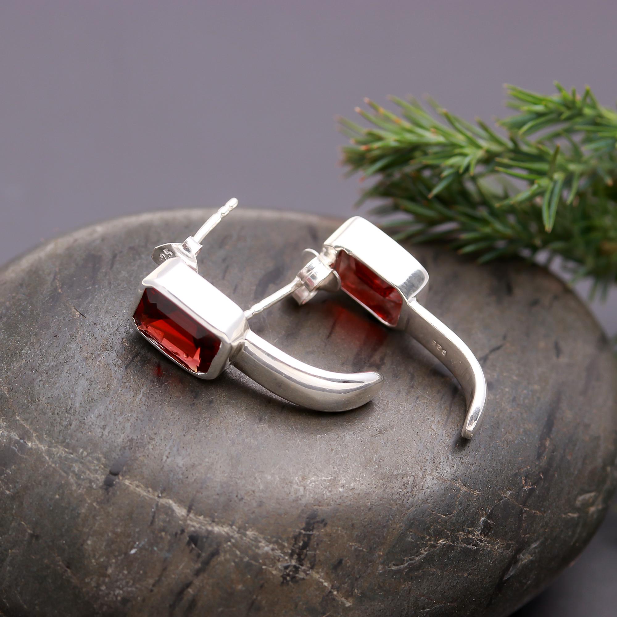925 Silver Emerald-Cut Garnet Stud Earrings