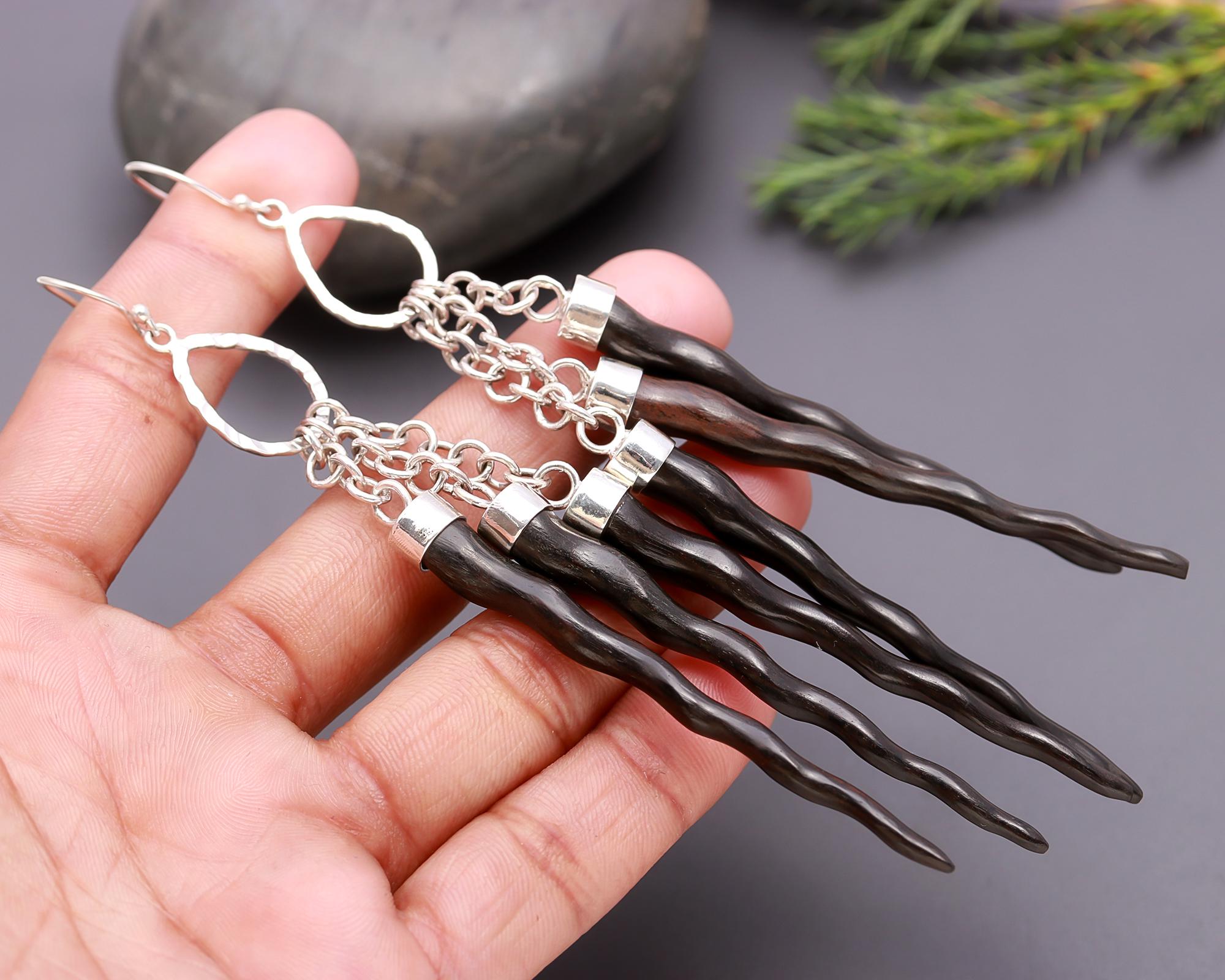 925 Silver Chains Long Black Wood Twists Dangle Earrings