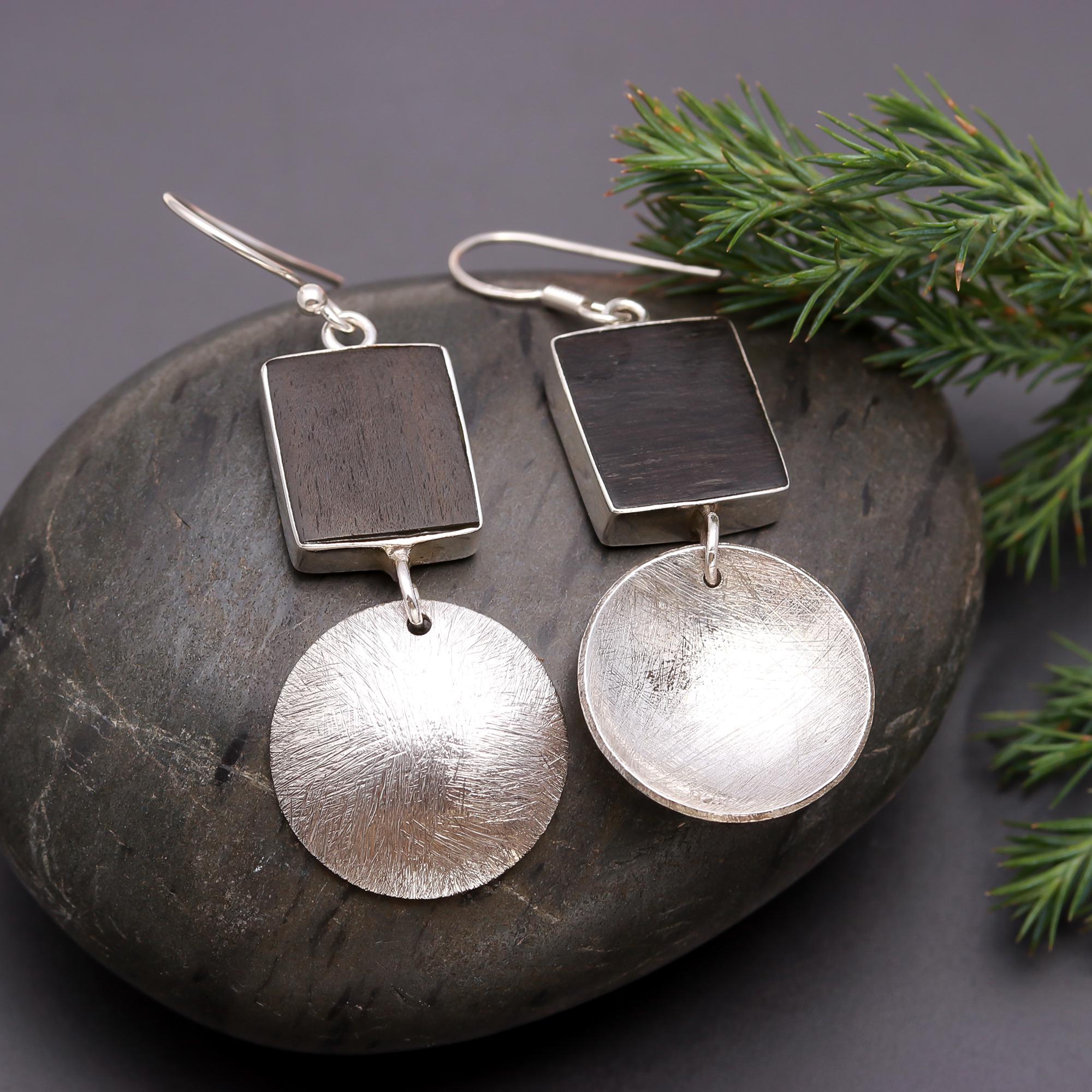 925 Silver Black Wood Textured Disc Dangle Earrings