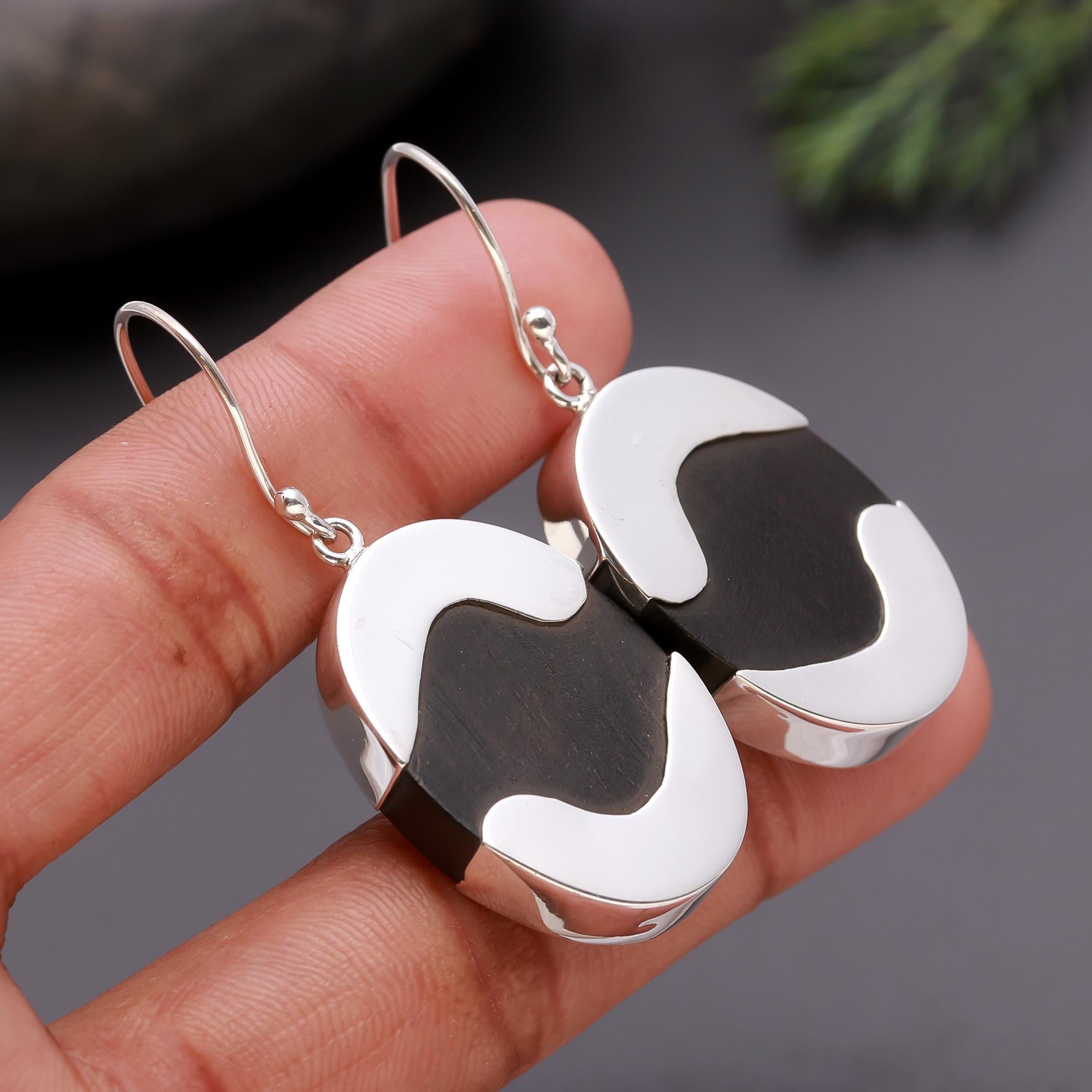 925 Silver Oval Black Ebony Wood Dangle Earrings