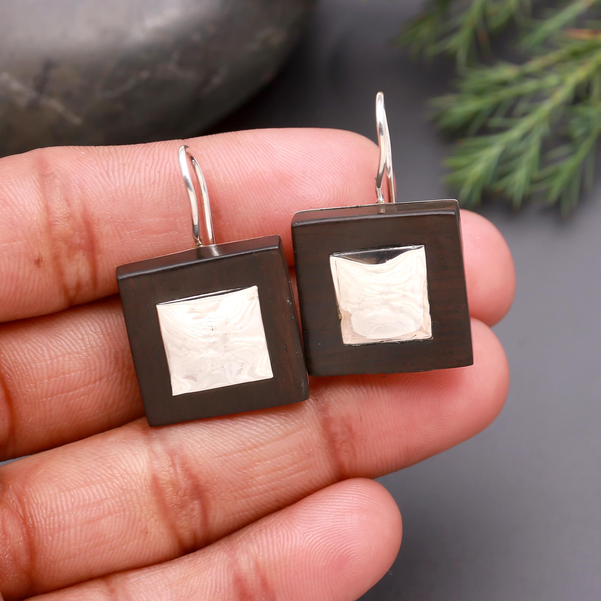 925 Silver Square Wood Dangle Earrings