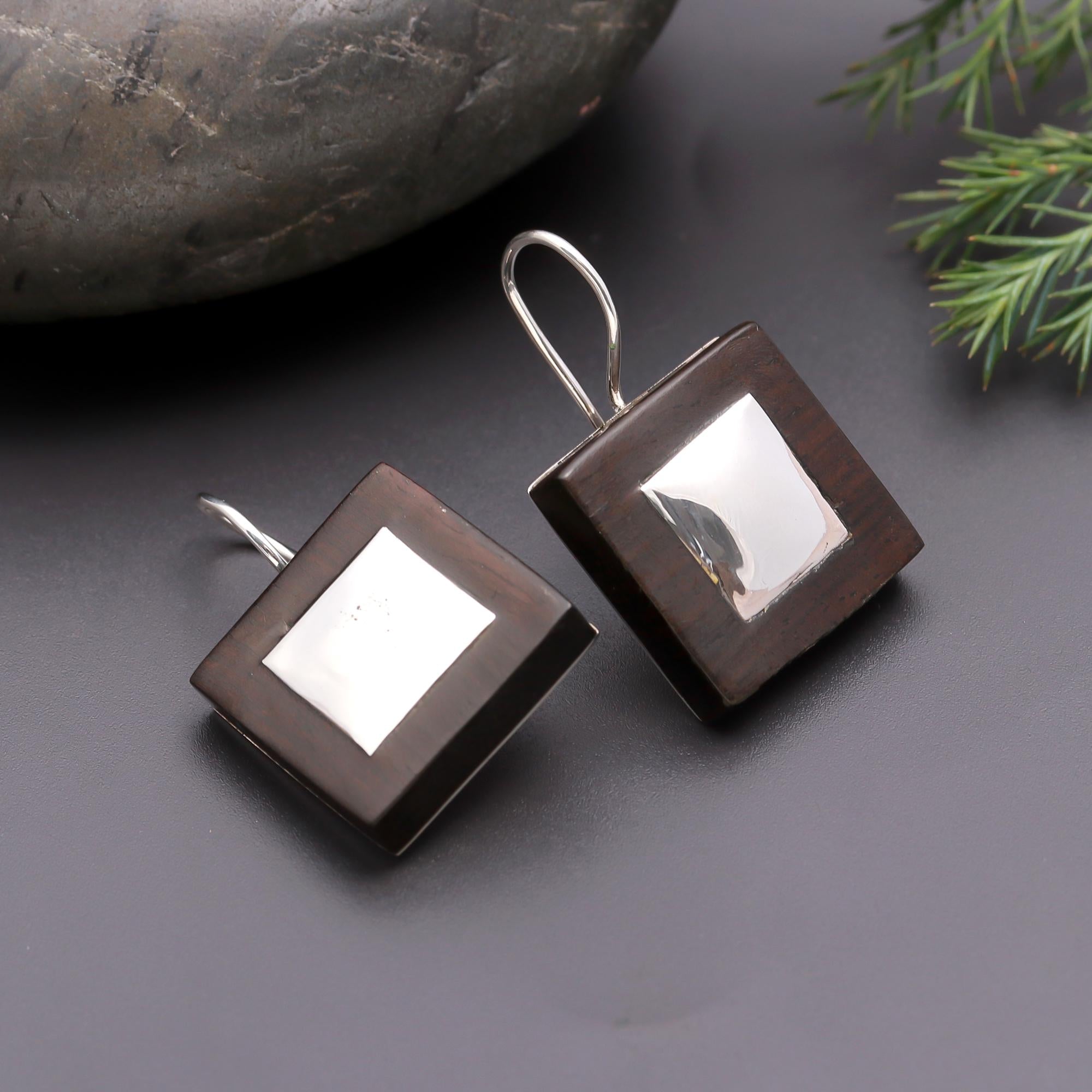 925 Silver Square Wood Dangle Earrings