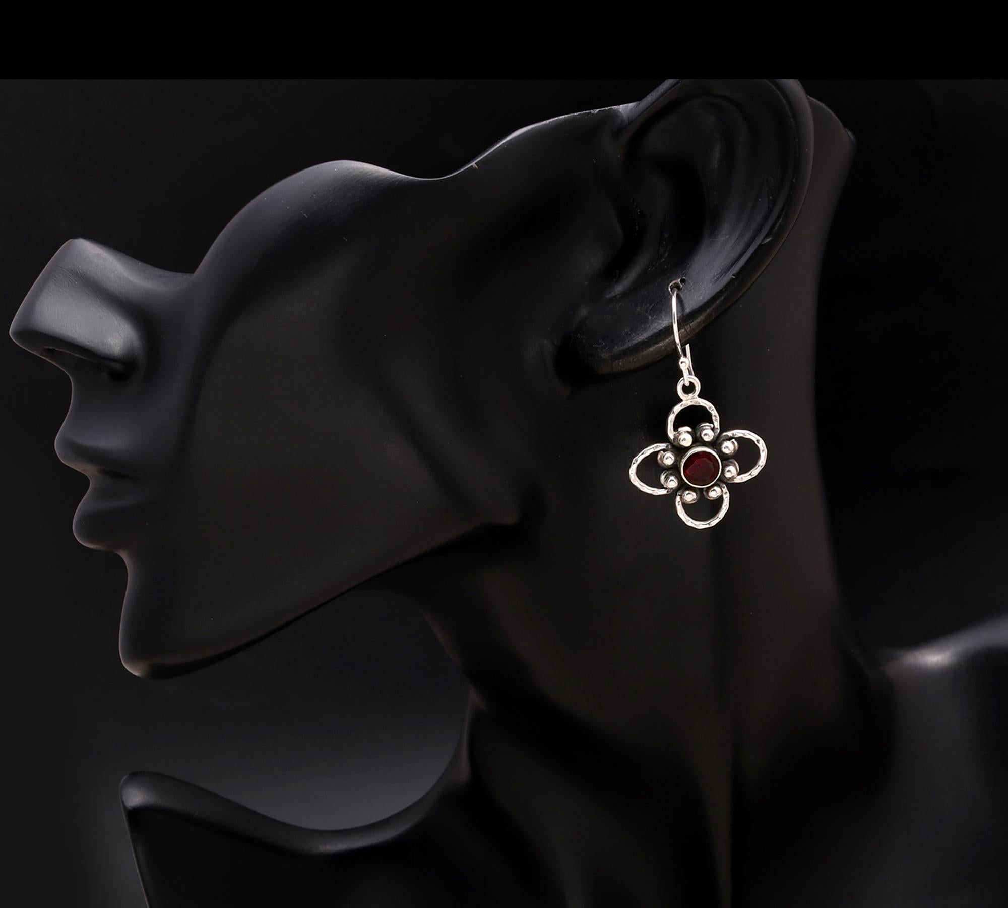 925 Silver Floral Garnet Dangle Earrings