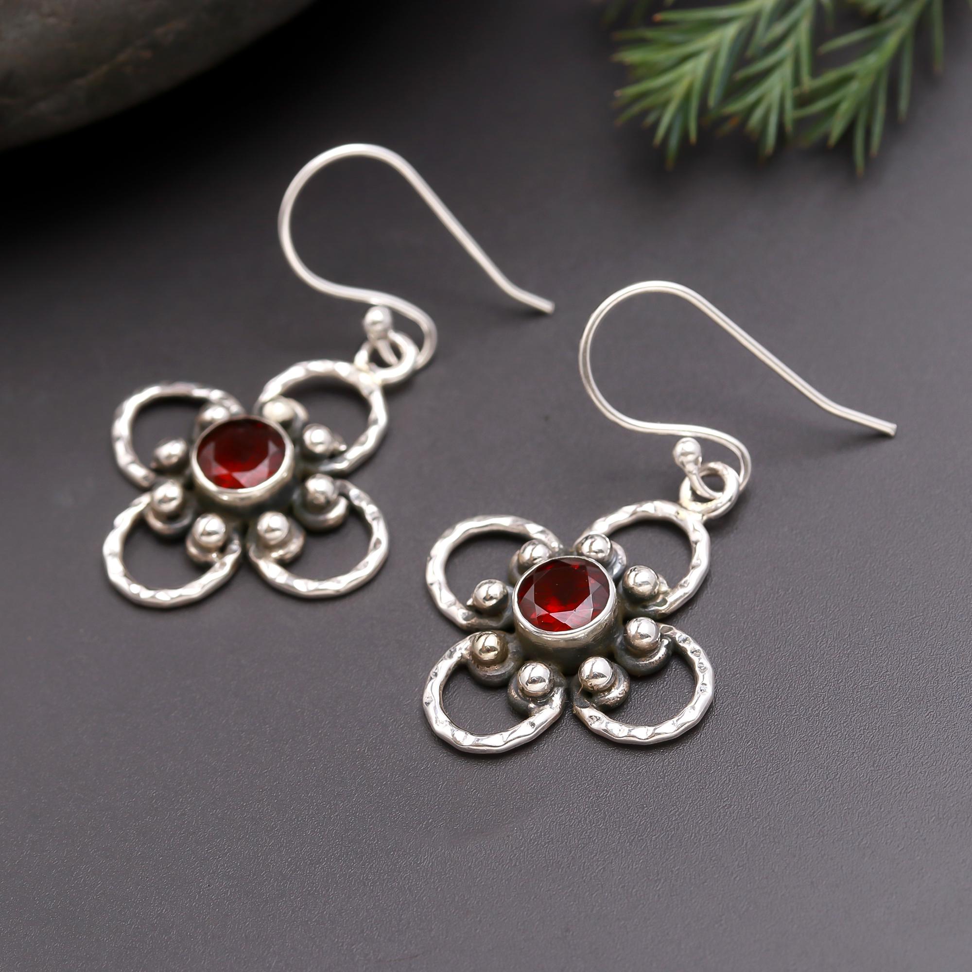 925 Silver Floral Garnet Dangle Earrings