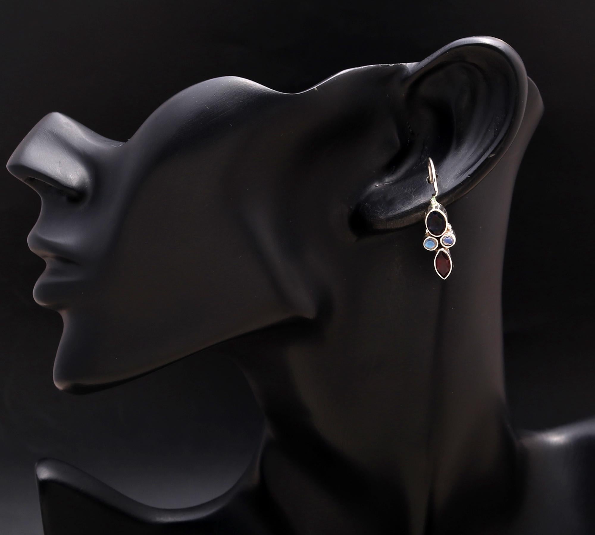 925 Silver Iolite, Moonstone, and Garnet Dangle Earrings