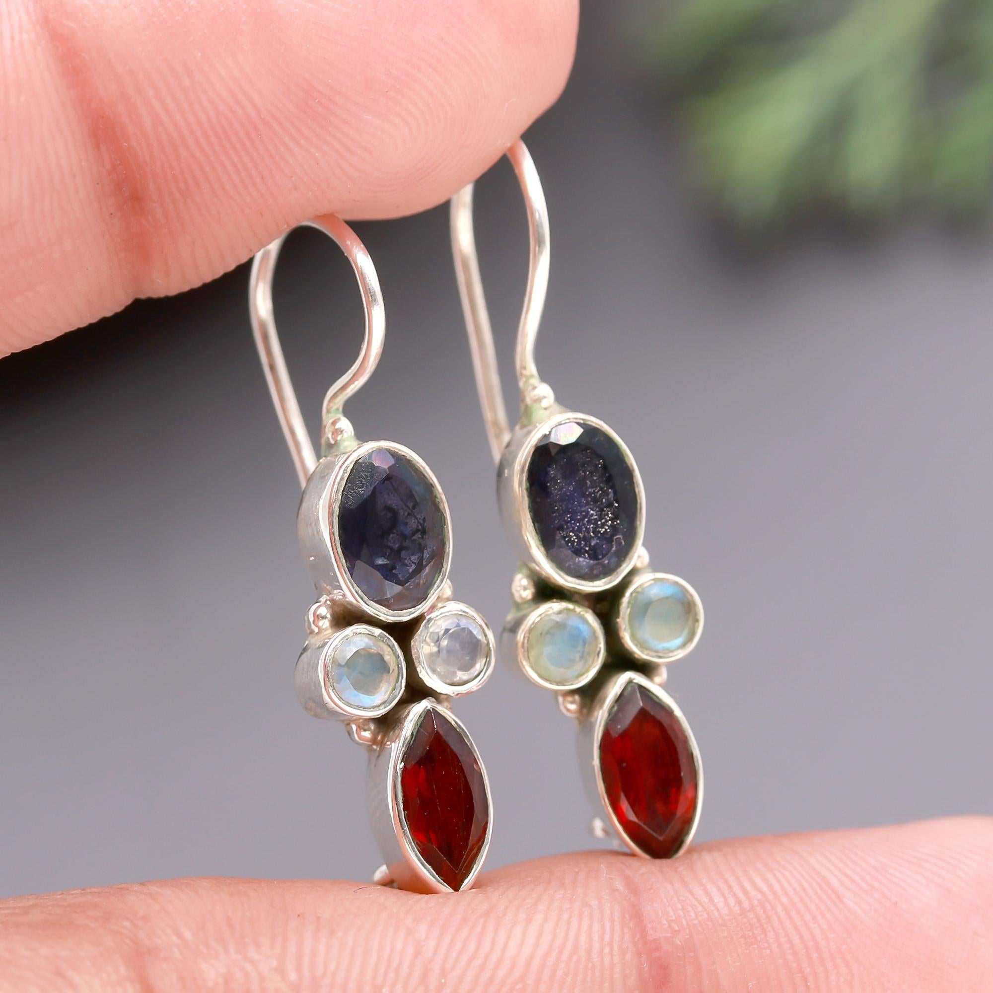 925 Silver Iolite, Moonstone, and Garnet Dangle Earrings