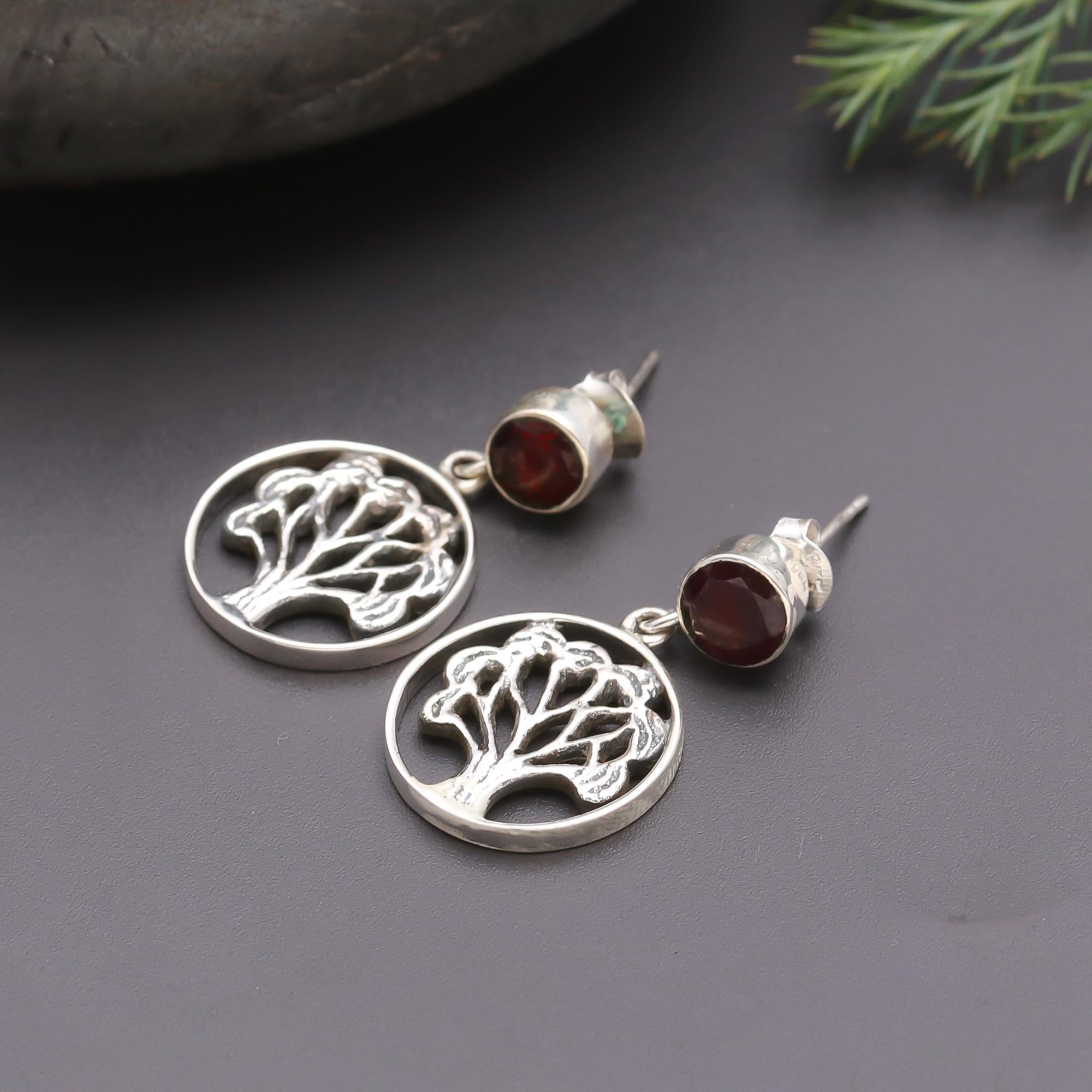 925 Silver Tree of Life Garnet Drop Earrings