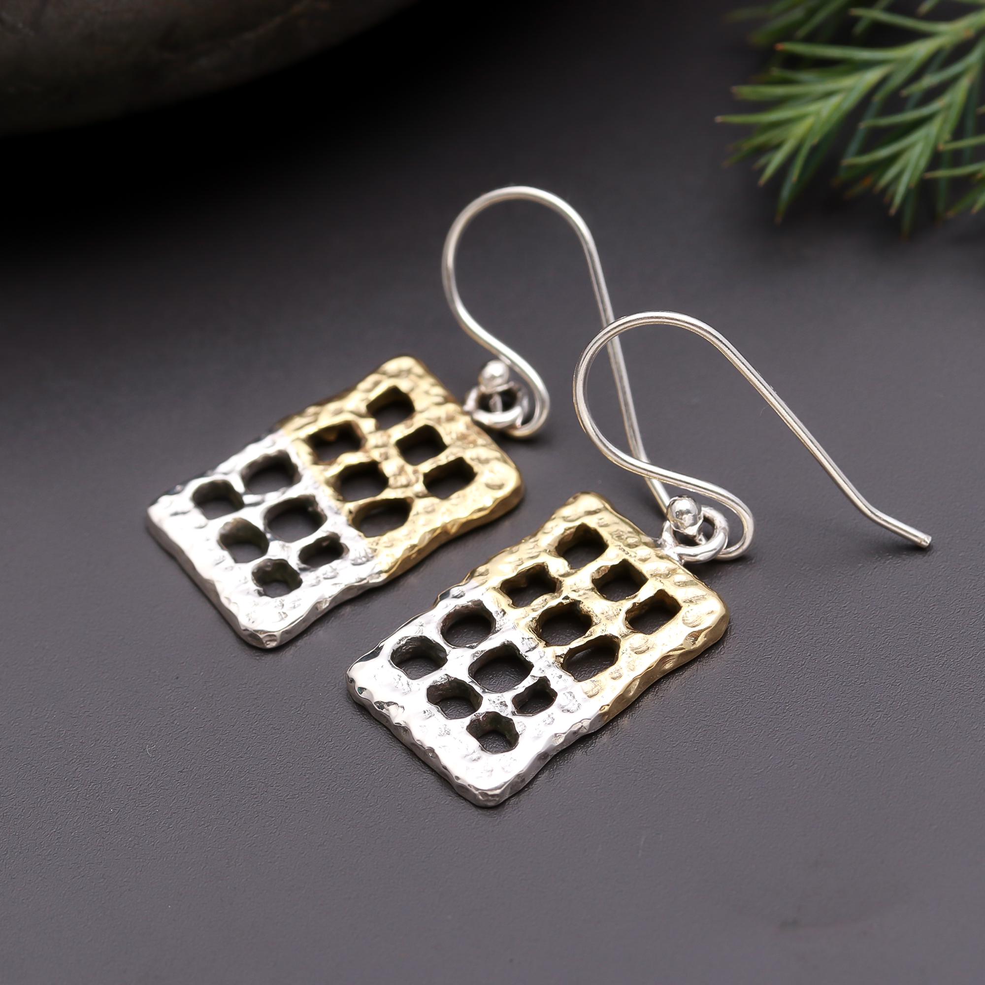 925 Silver Textured Grid Dangle Earrings