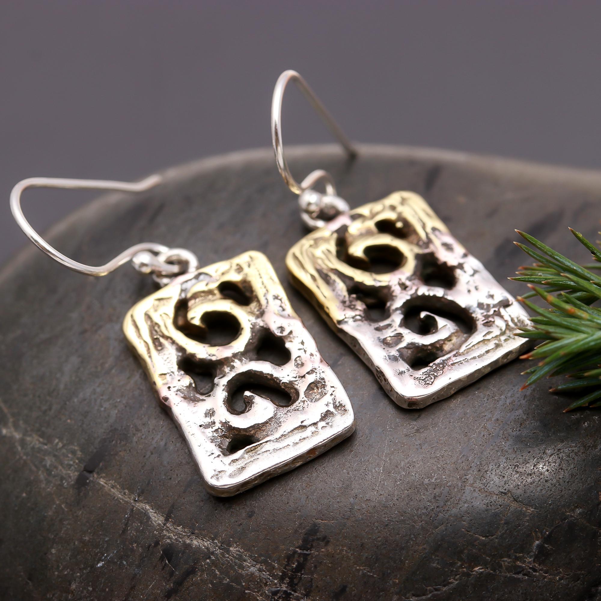 925 Silver Textured Rectangle Swirl Dangle Earrings