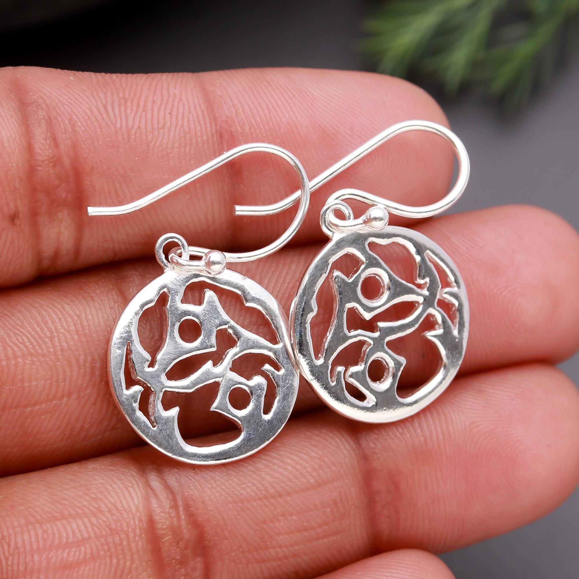 925 Silver Abstract Cutout Round Dangle Earrings