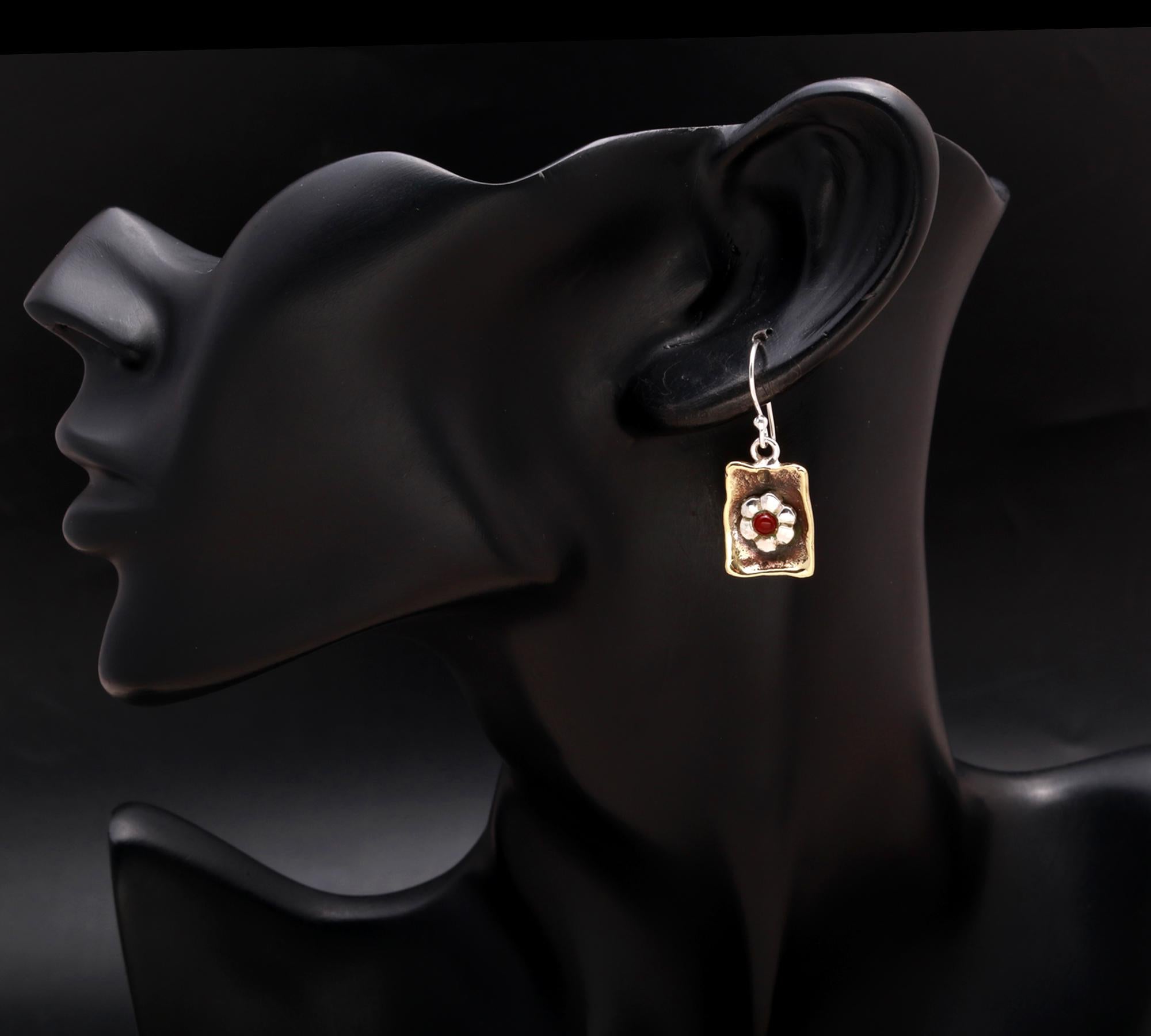 925 Silver Floral Red Stone Dangle Earrings