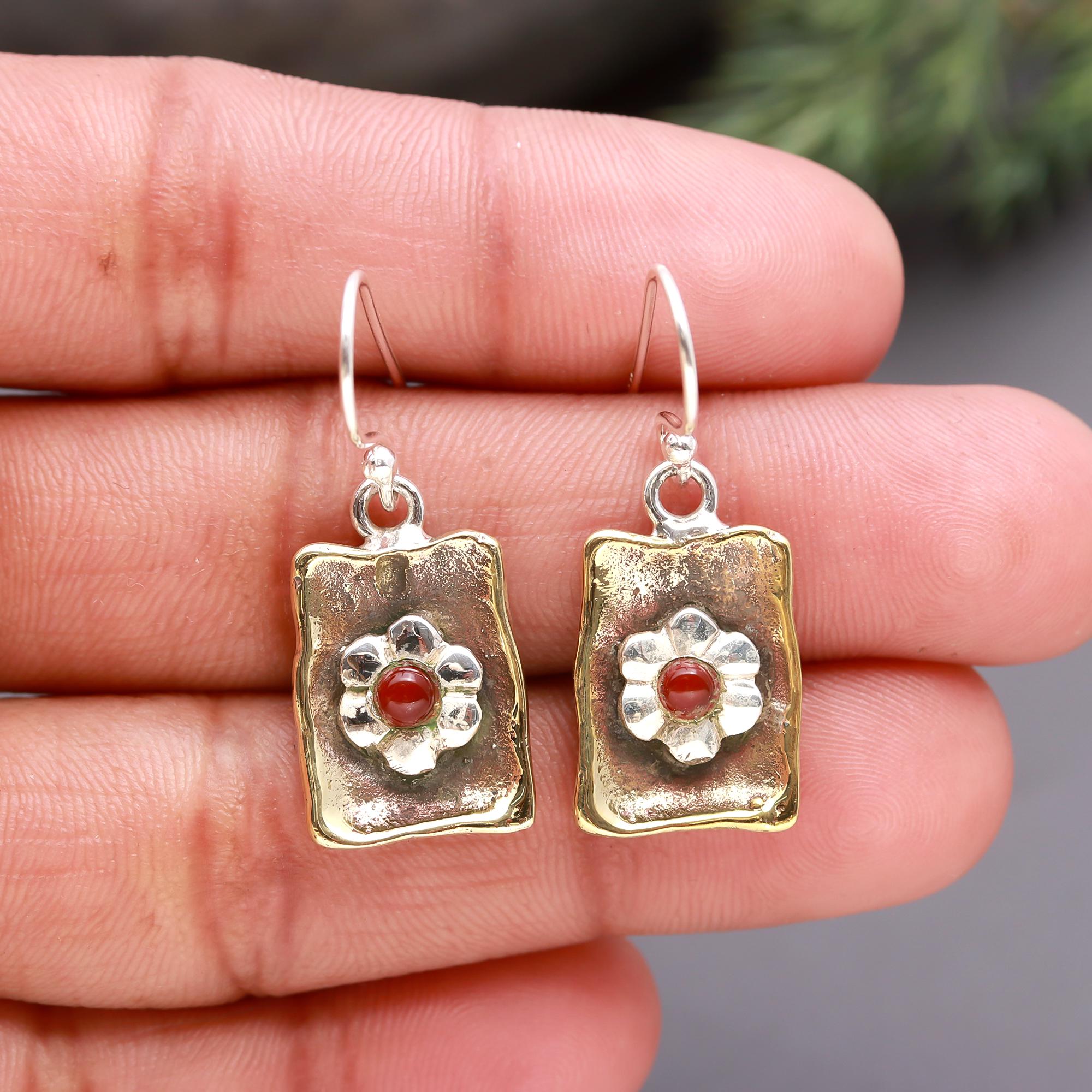 925 Silver Floral Red Stone Dangle Earrings