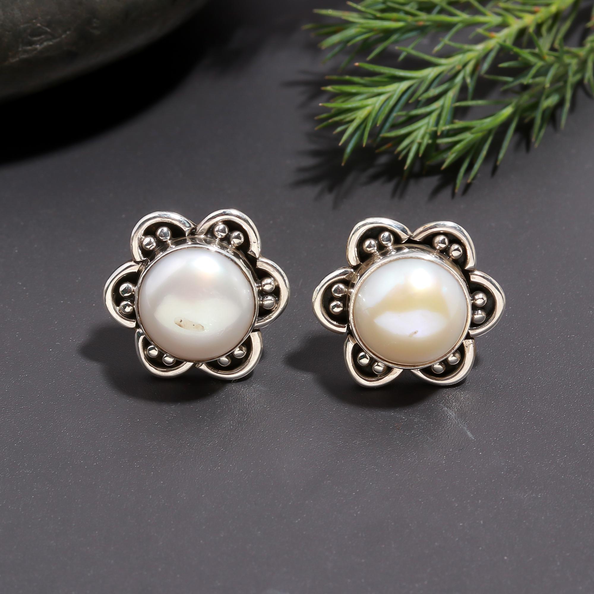 925 Silver Round White Pearl Floral Stud Earrings