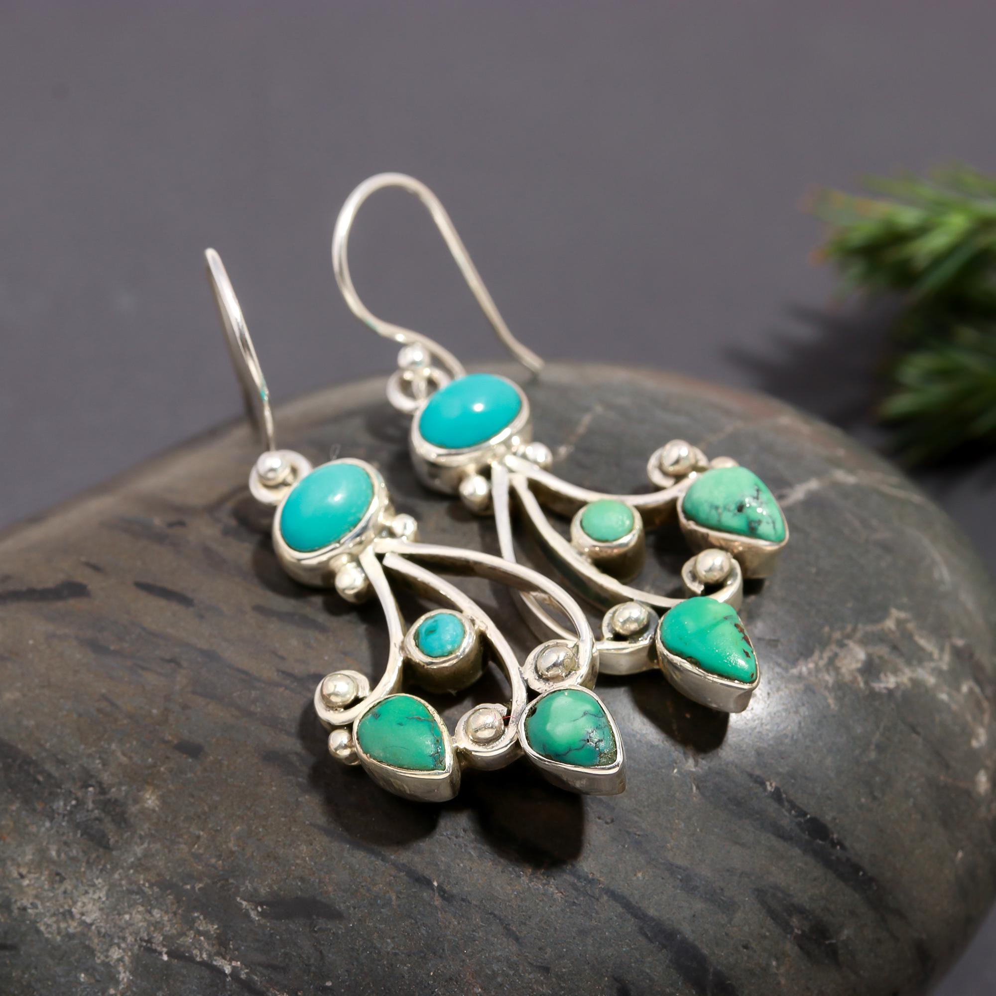 925 Silver Multi Turquoise Dangle Earrings