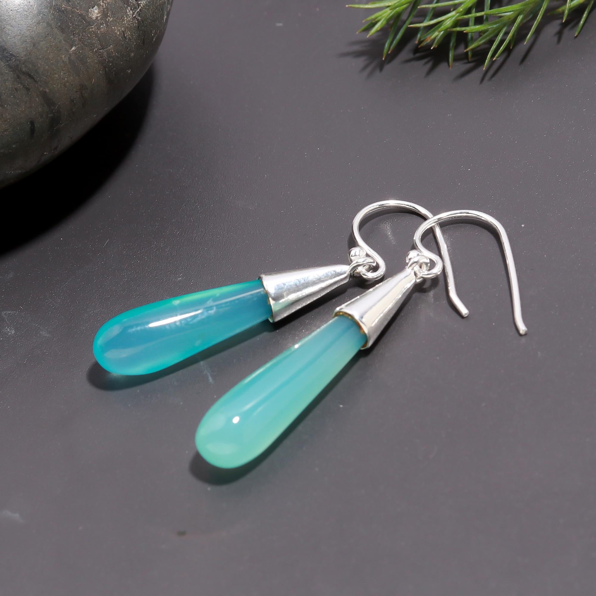 925 Silver Blue Green Chalcedony Teardrop Dangle Earrings