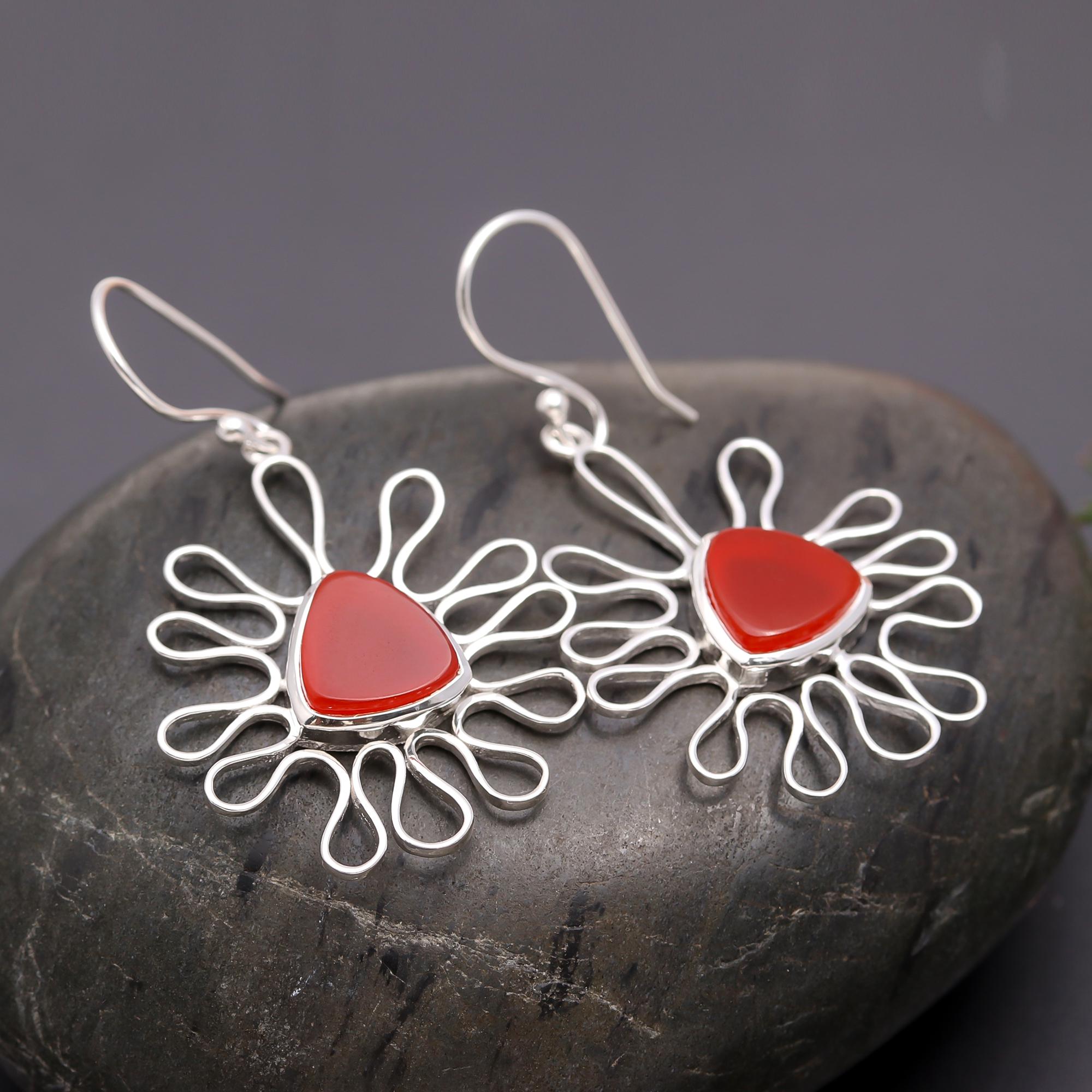 925 Silver Sunburst Carnelian Dangle Earrings