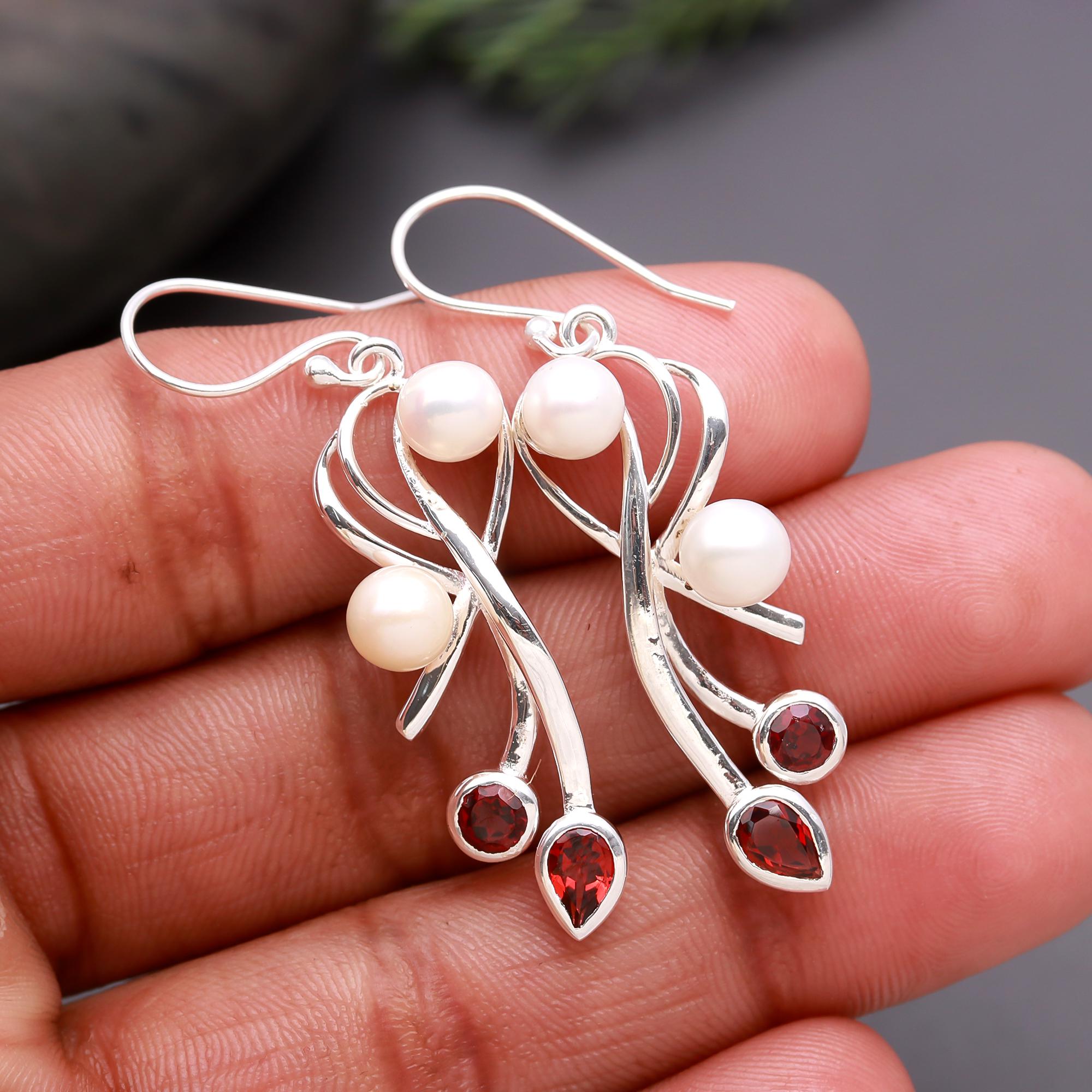 925 Silver Pearl and Garnet Dangle Earrings