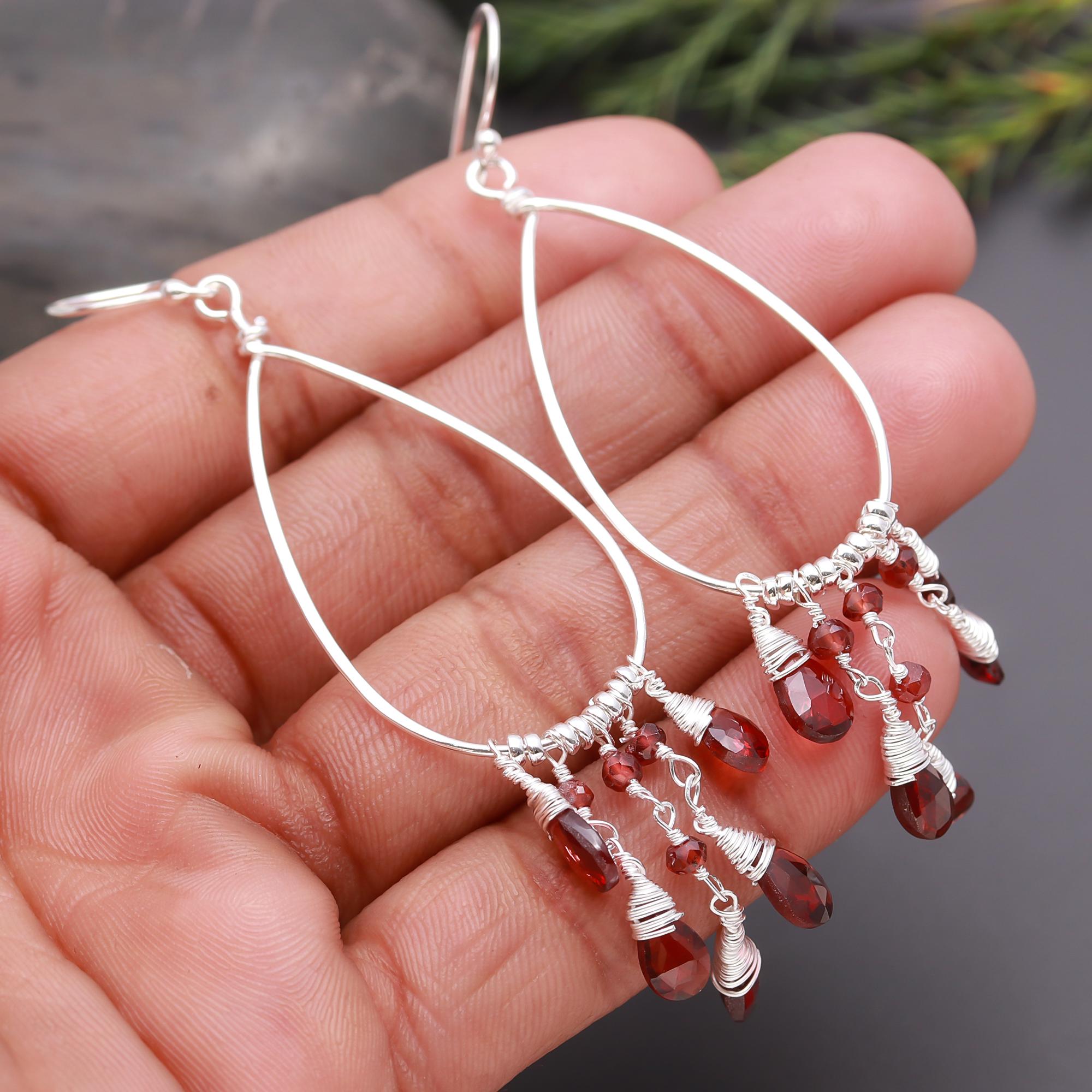 925 Silver Garnet Teardrop Beads Dangle Earrings