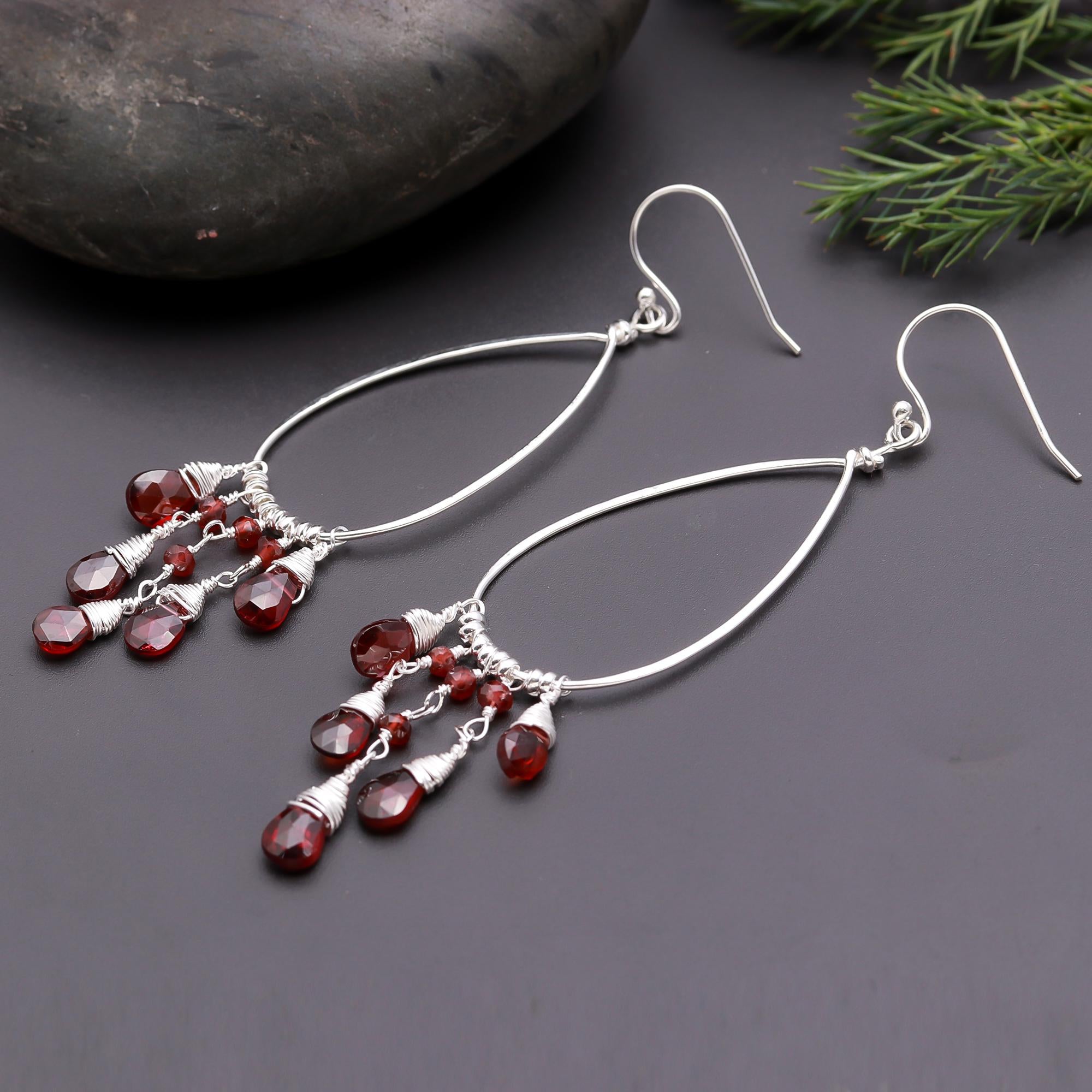 925 Silver Garnet Teardrop Beads Dangle Earrings