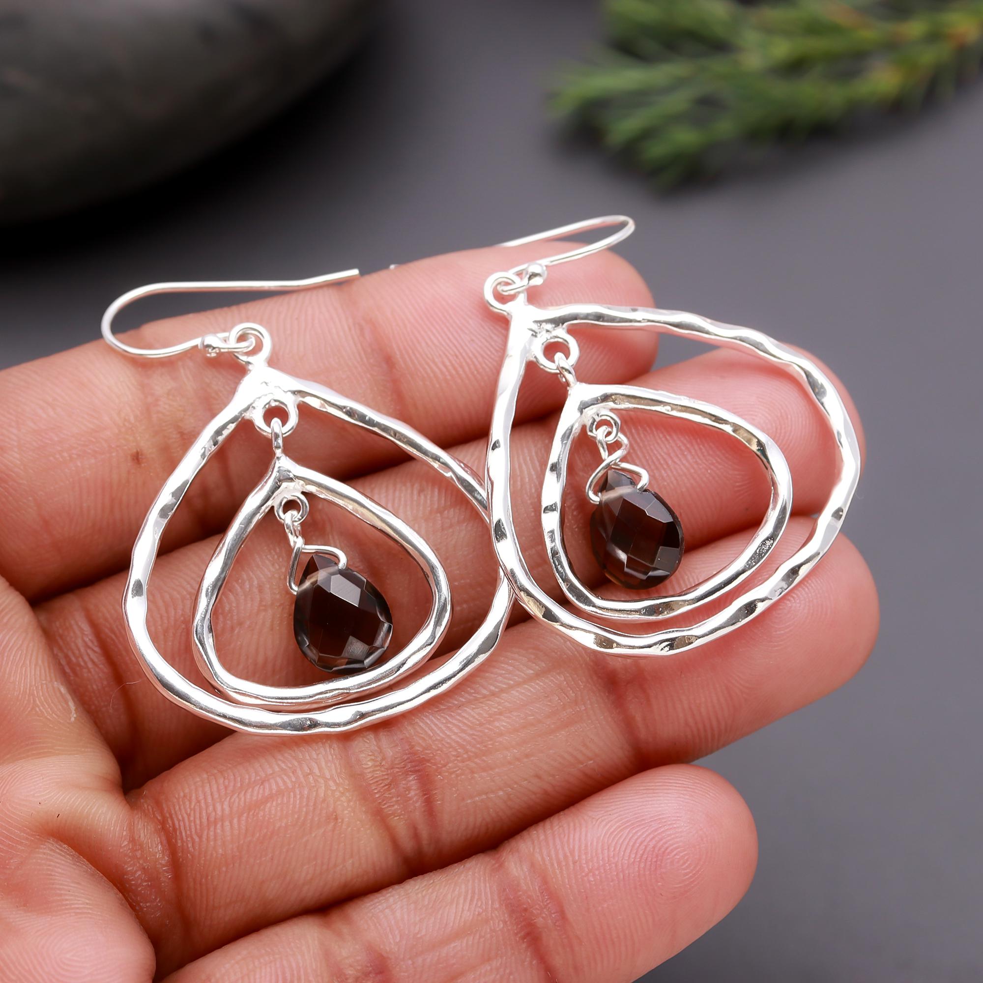 925 Silver Smoky Quartz Hammered Drop Earrings
