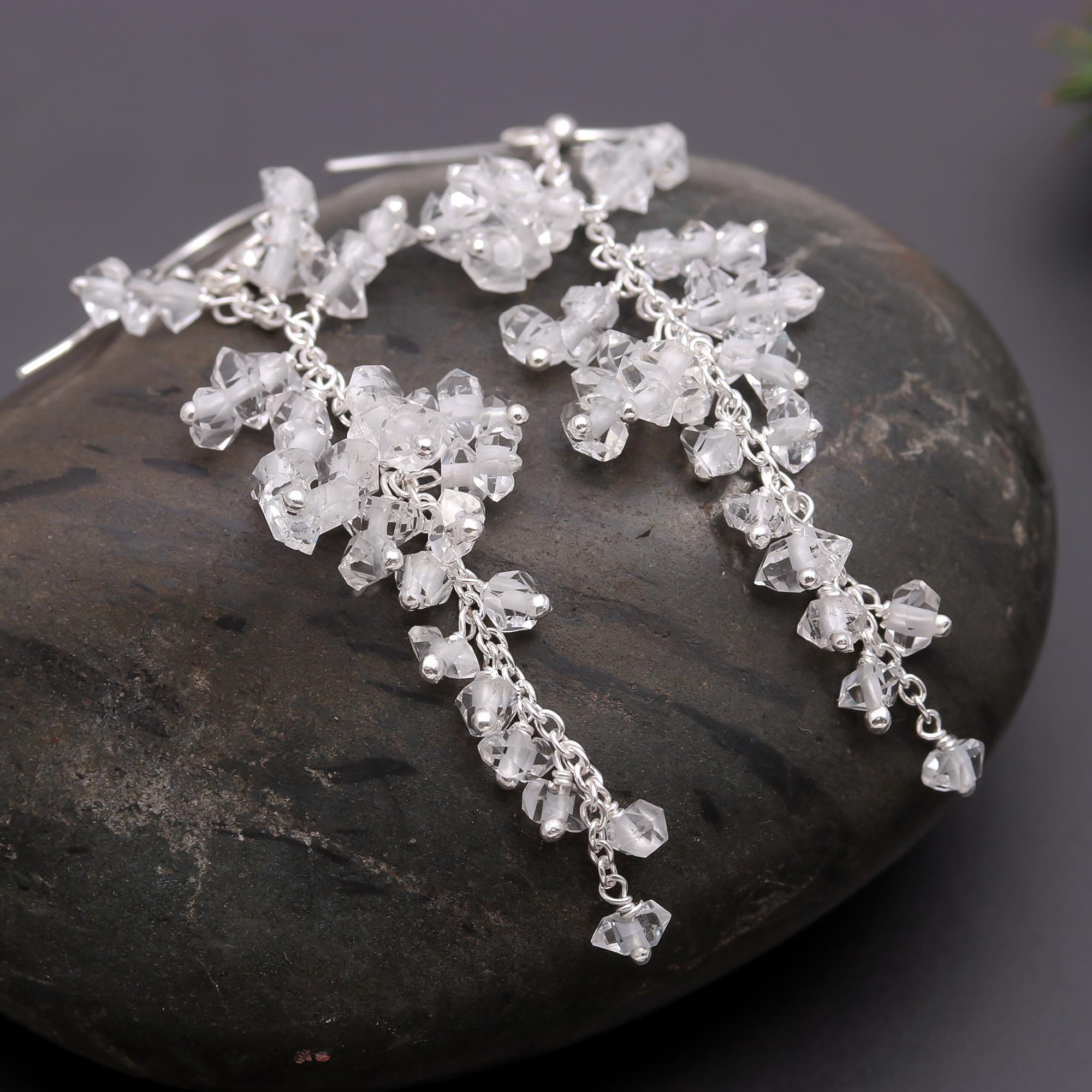 925 Silver Crystal Quartz Cluster Dangle Earrings