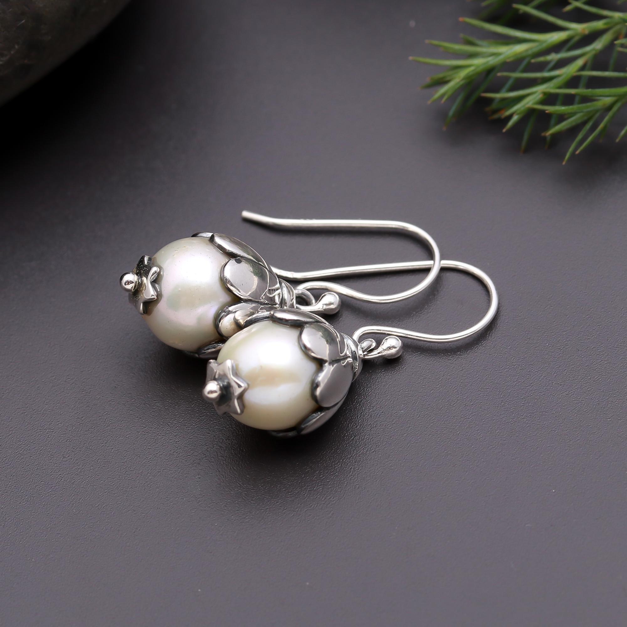 925 Silver Floral Pearl Drop Earrings
