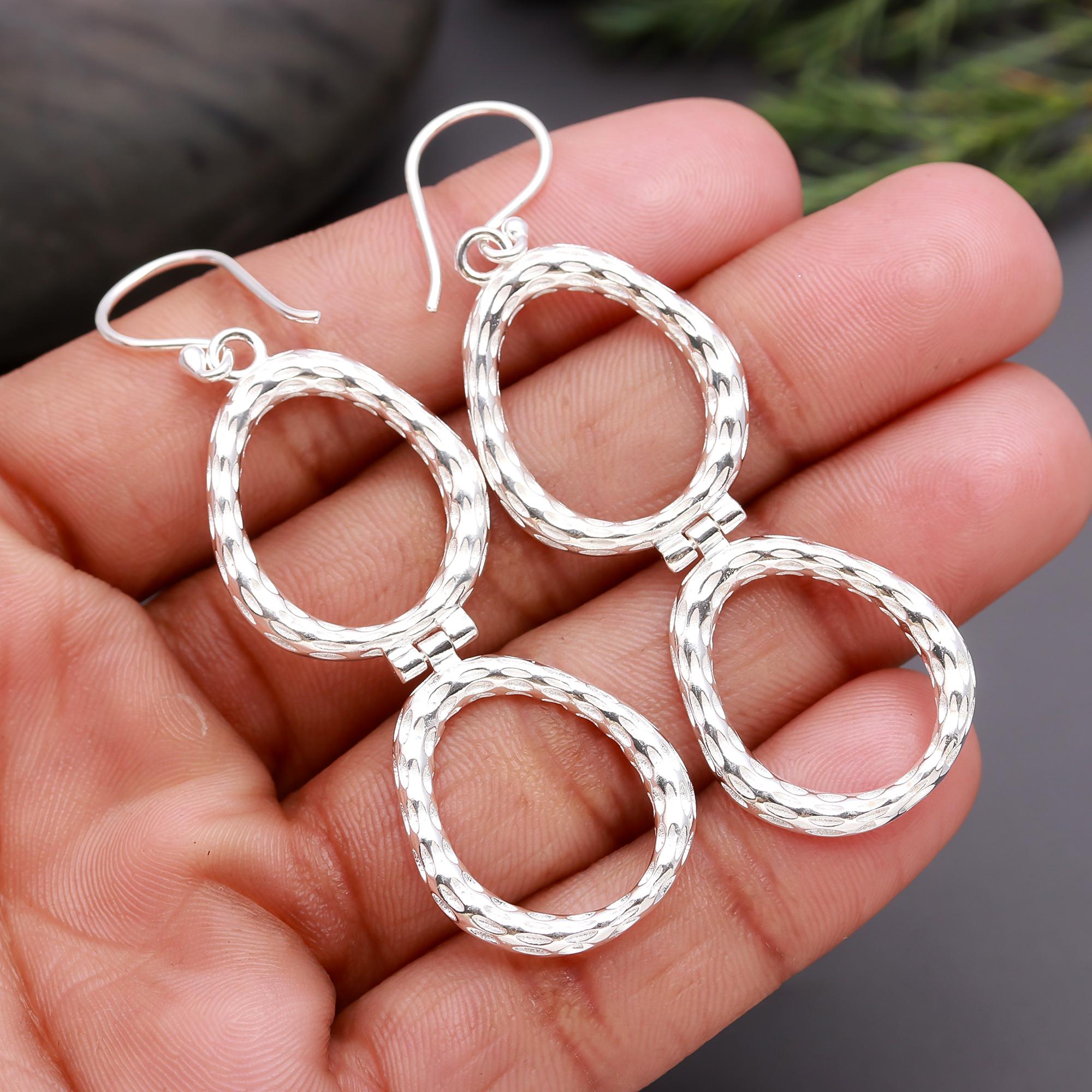 925 Silver Textured Double Oval Dangle Earrings