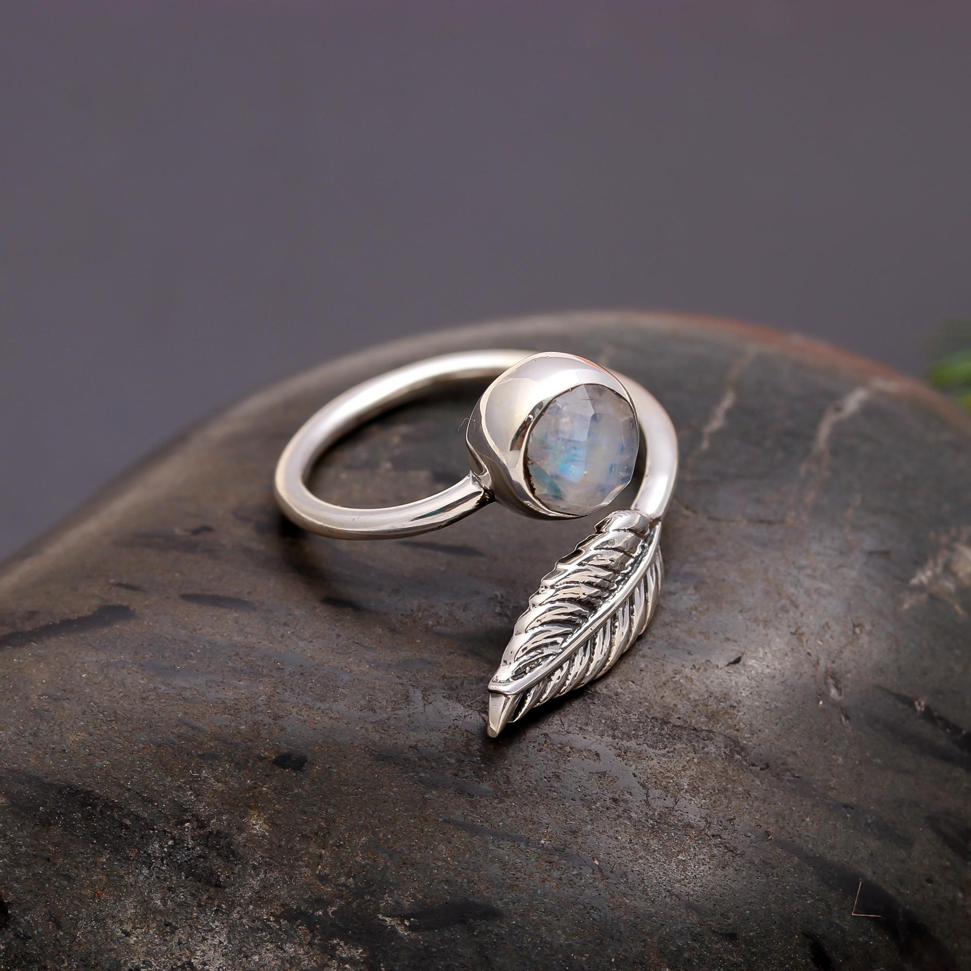 925 Silver Leaf Rainbow Moonstone Ring