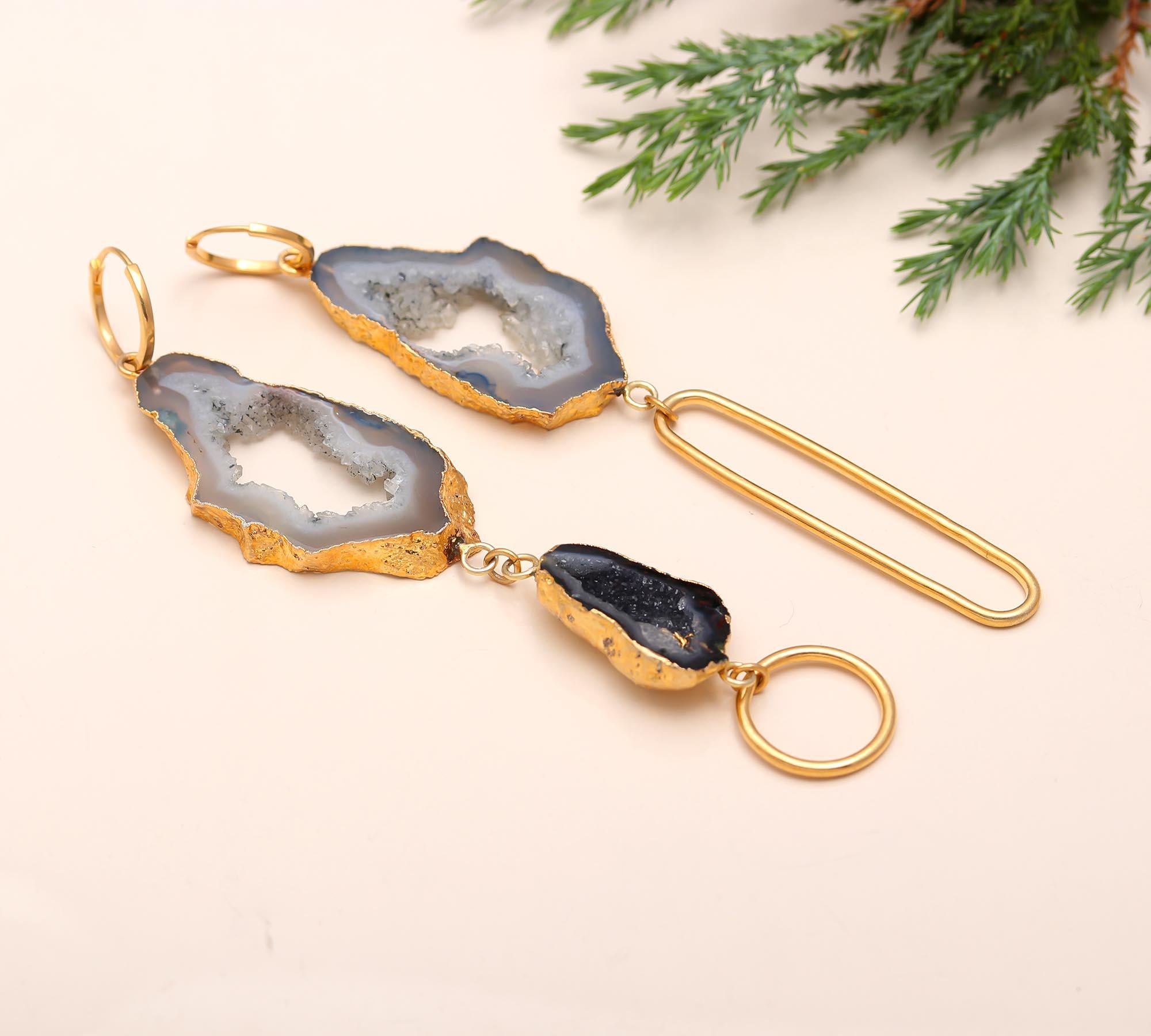 Brass Tobacco Geode Slice Agate Drusy Earrings Hypoallergenic