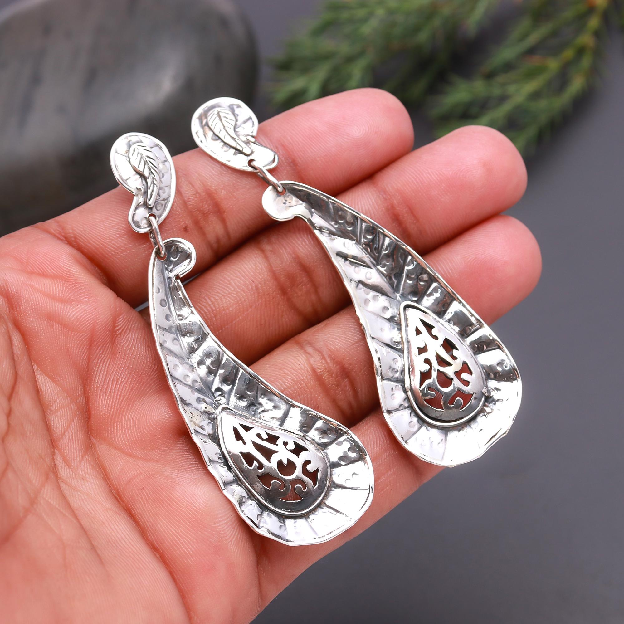 925 Silver Textured Teardrop Filigree Drop Earrings