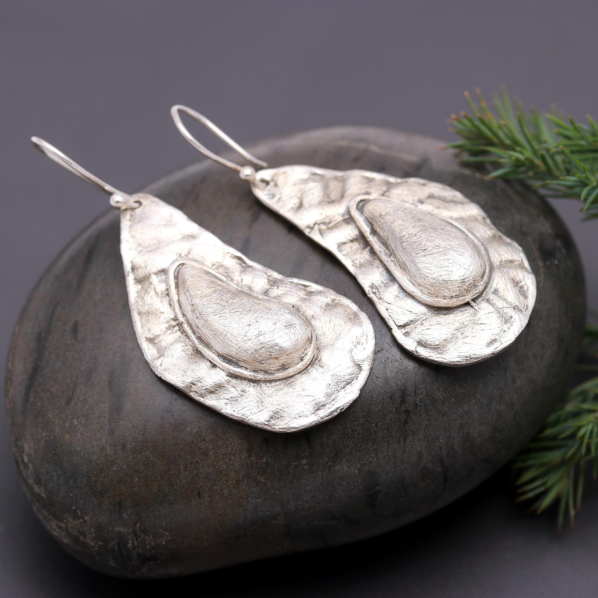 925 Silver Textured Teardrop Dangle Earrings